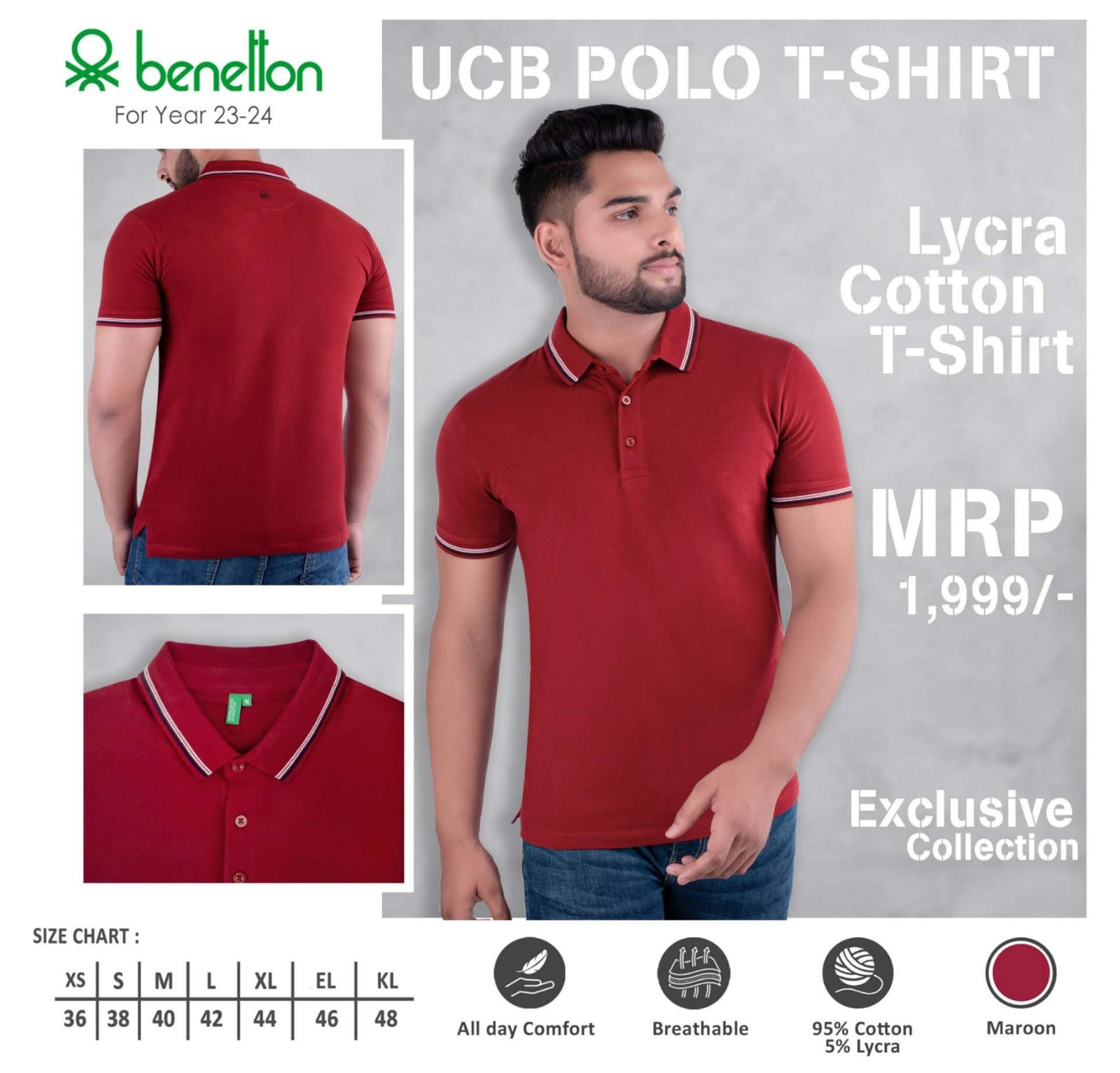 YuBingo United Colors of Benetton Lycra Cotton Polo T-Shirt - Custom Corporate Gift - Maroon by YuBingo