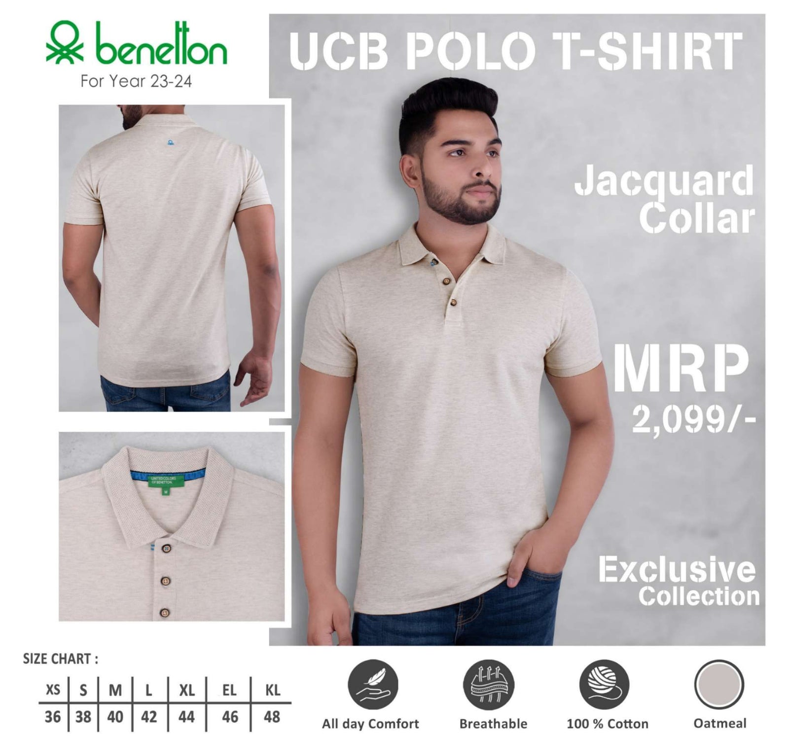 YuBingo United Colors of Benetton Cotton Jacquard Polo T-Shirt - Custom Corporate Gift - Oatmeal by YuBingo