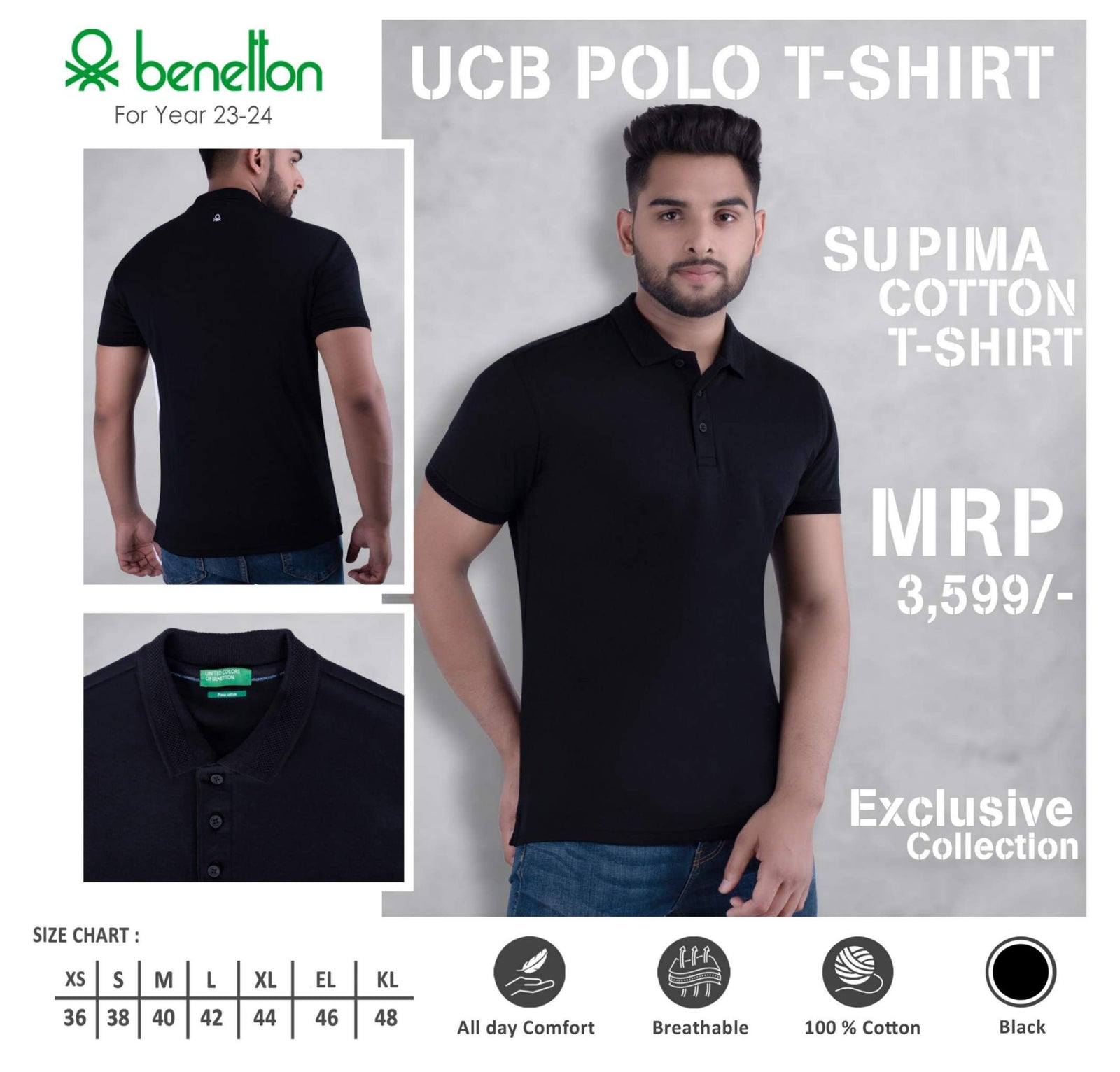YuBingo United Colors of Benetton Supima Cotton Polo T-Shirt - Custom Corporate Gift - Black by YuBingo