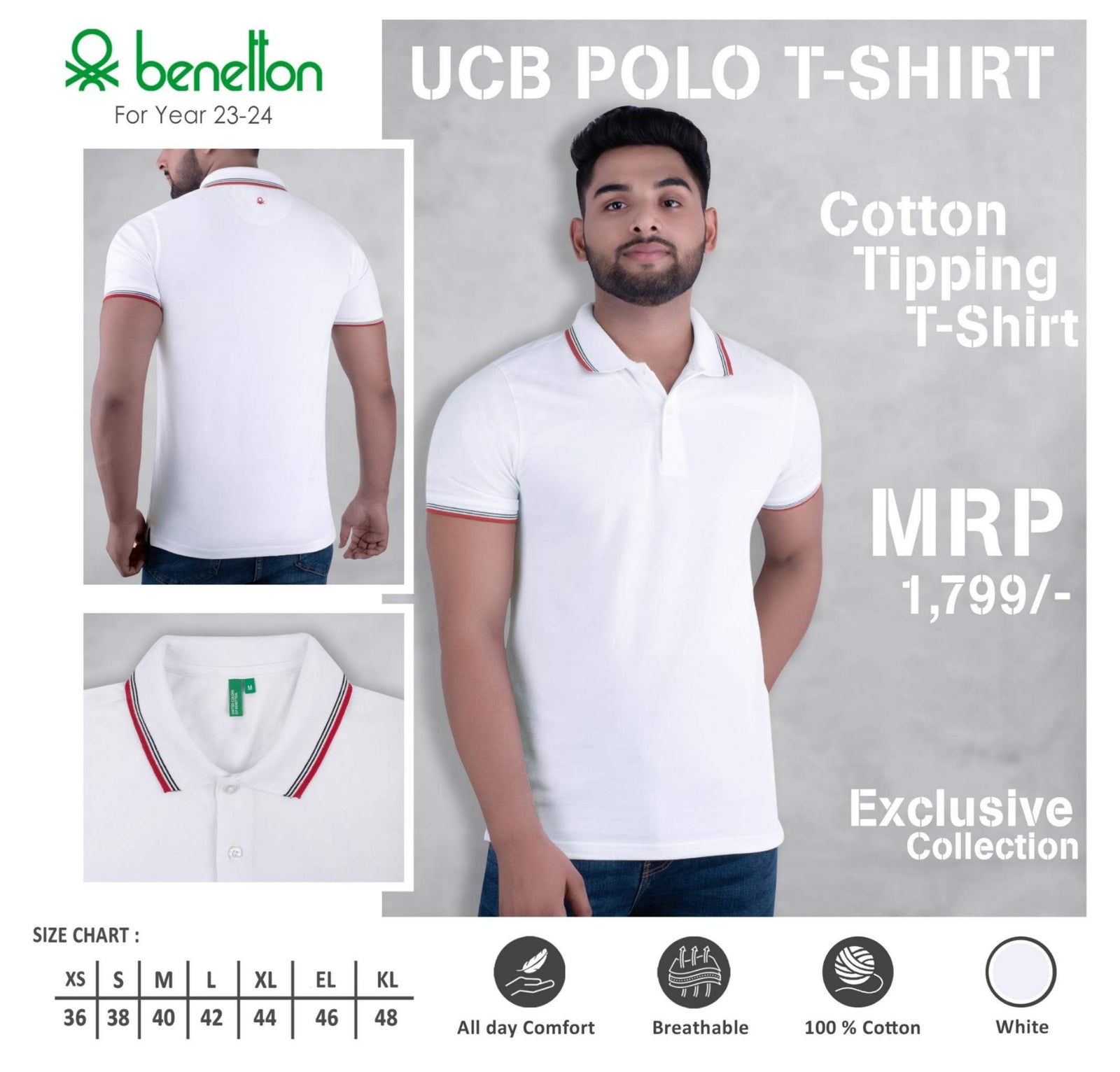 YuBingo United Colors of Benetton Cotton Tipping Polo T-Shirt - Custom Corporate Gift - White by YuBingo
