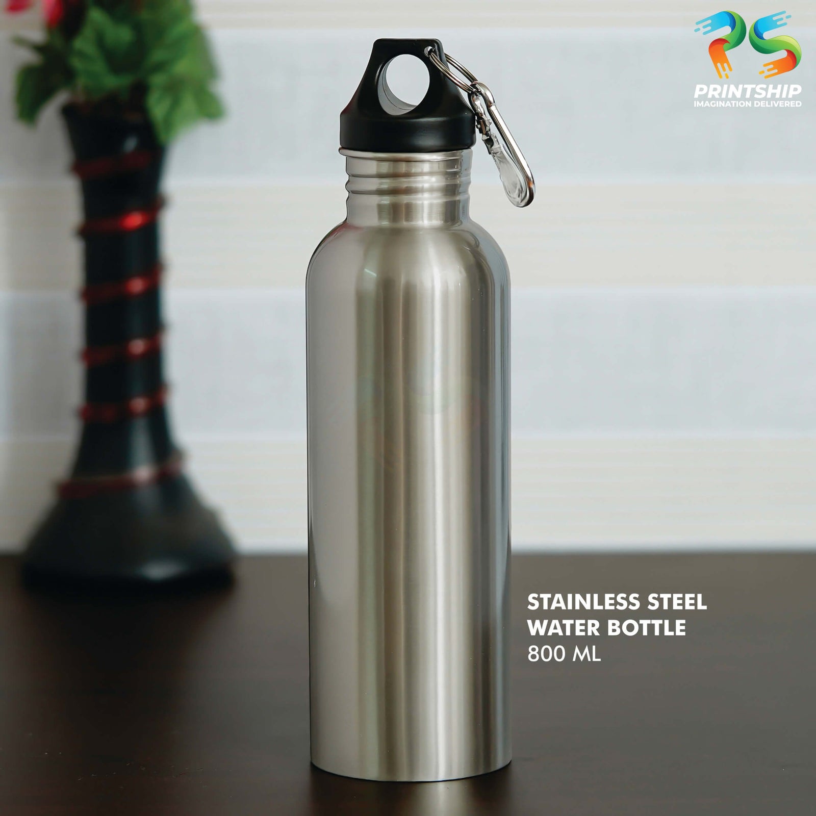 YuBingo Silver Stainless Steel Bottle with Carabiner - 800 ML - Corporate Drinkware Gift - Water Bottles by YuBingo