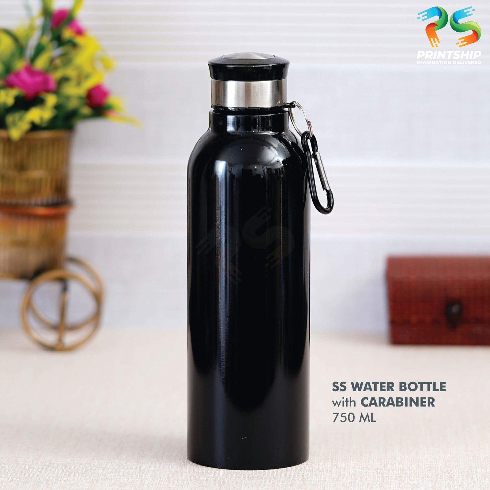 YuBingo Black Stainless Steel Bottle with Carabiner - 750 ML - Corporate Drinkware Gift - Water Bottles by YuBingo