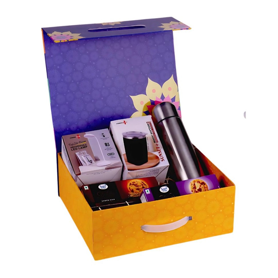 Celebration Set of 5: Rechargeable Table Lamp, Premium SS Suction Mug, Bullet Vacuum Flask, Sugarfree D’Lite Cookies in Magnetic Gift Box with Handle - View 3