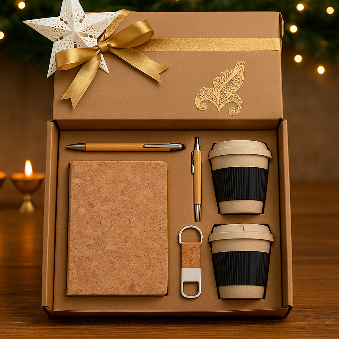 Eco gift set with cork notebook, bamboo pen, mugs, and keychain