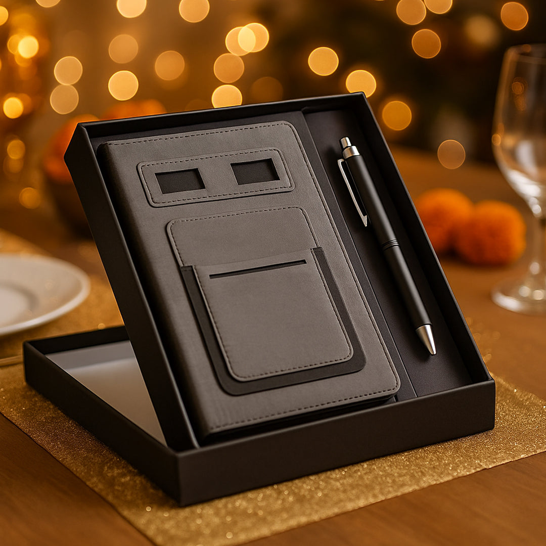 Gray multifunction notebook gift set with metal pen in premium box