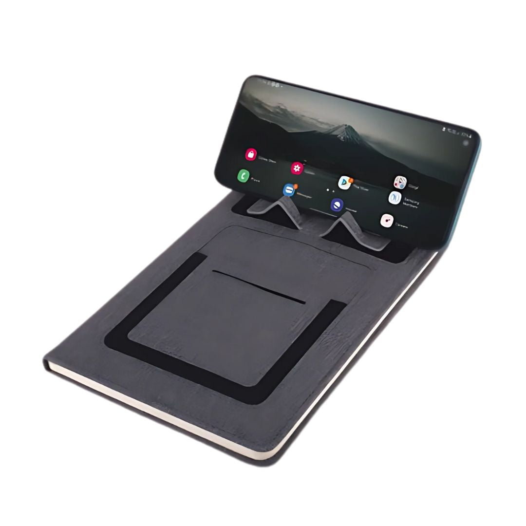 Gray PU notebook with phone stand and card holder slots