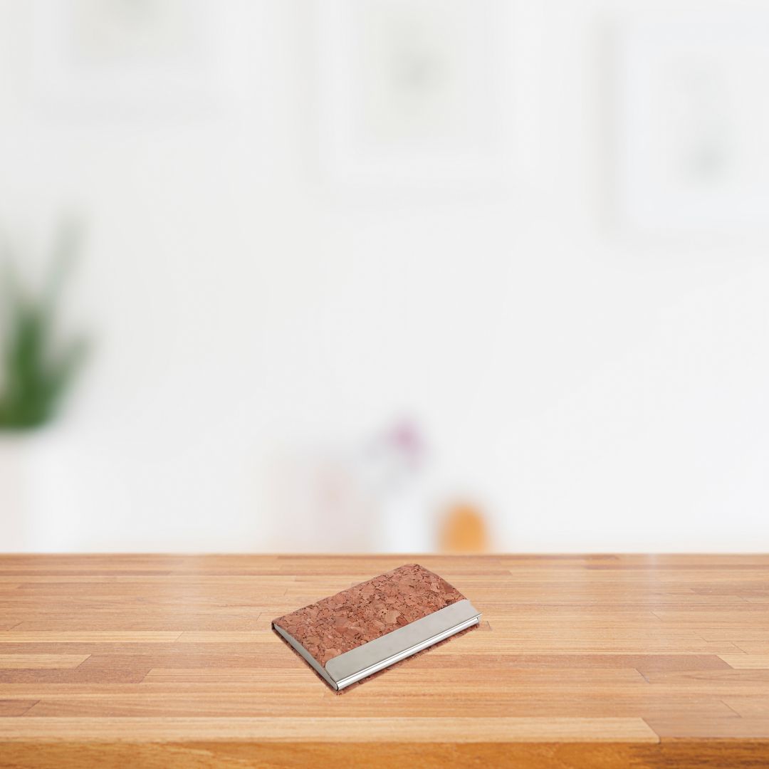 Eco-friendly cork visiting card holder with silver accent