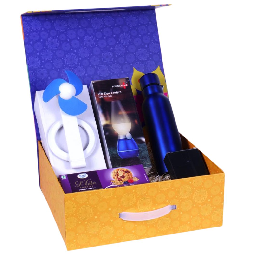 Celebration gift set combo with stainless steel bottle, LED lamp, fan, stand, and cookies in open box