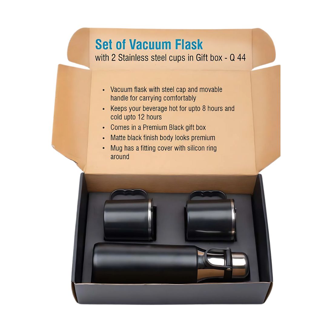 Elegant gift box set with vacuum flask and two stainless steel cups