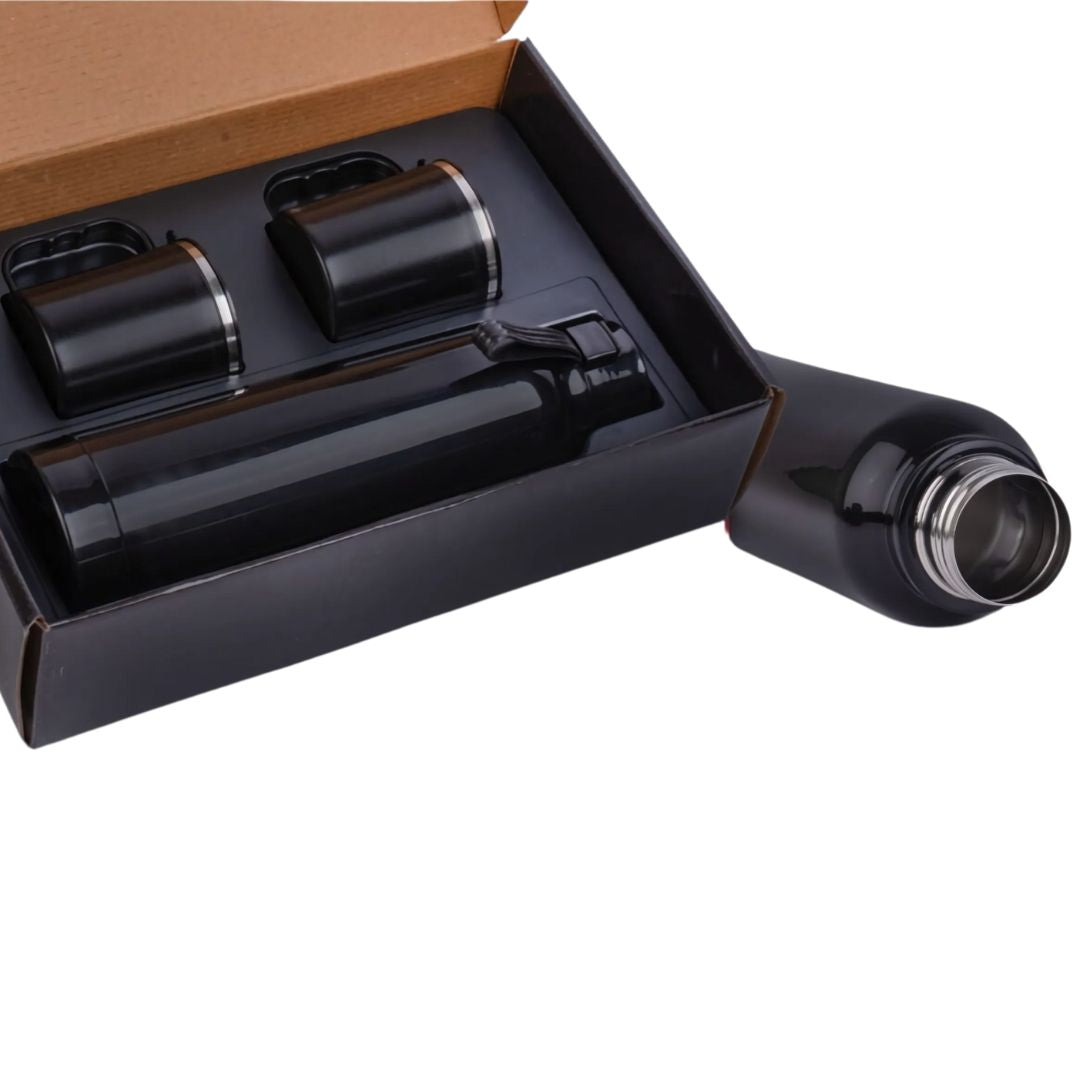Candy insulated steel bottle and stainless steel cups displayed in open gift box