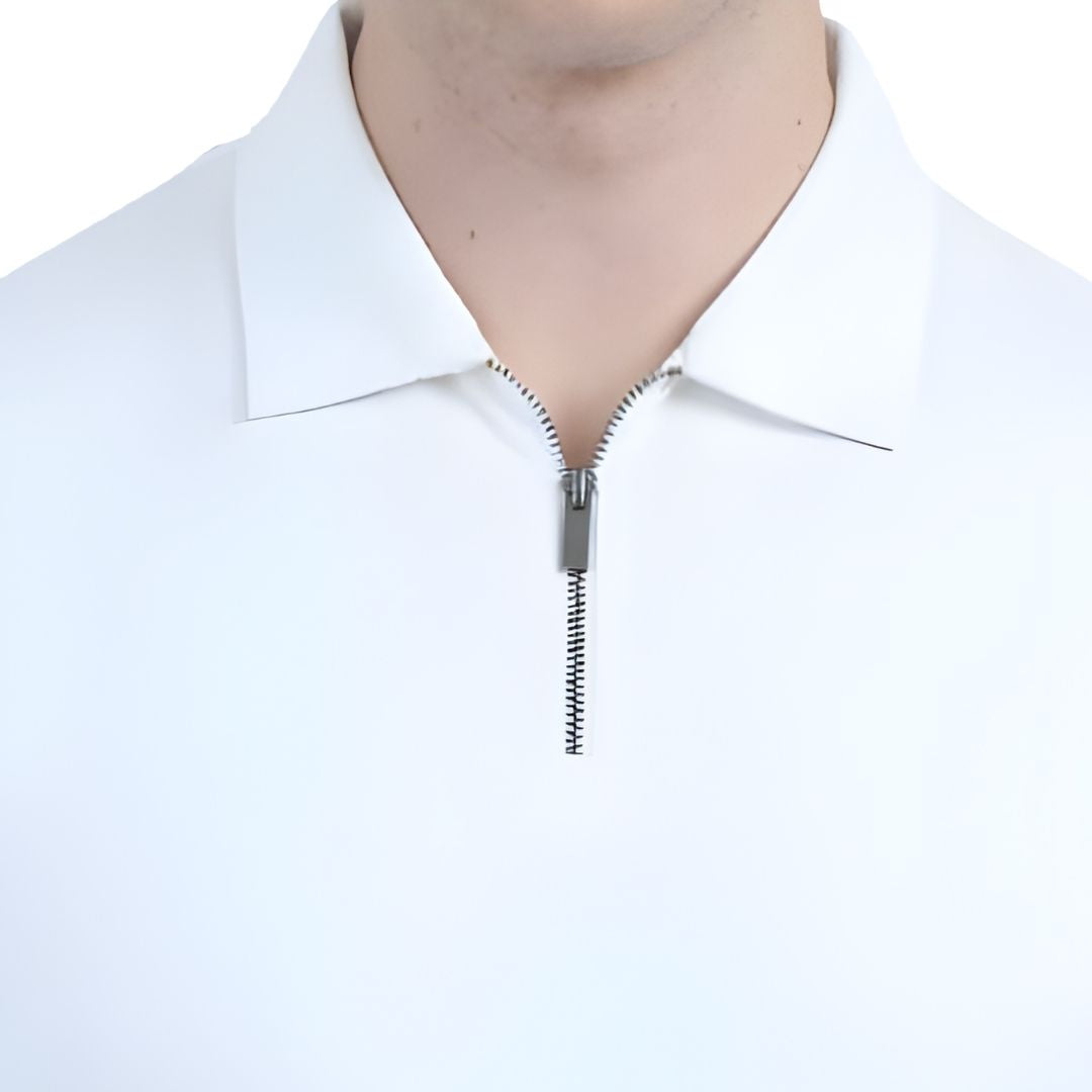 Close-up of zipper and collar on Rare Rabbit Vintage Zip Polo