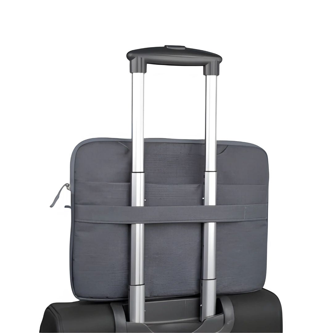 Laptop sleeve securely attached to travel trolley for easy portability