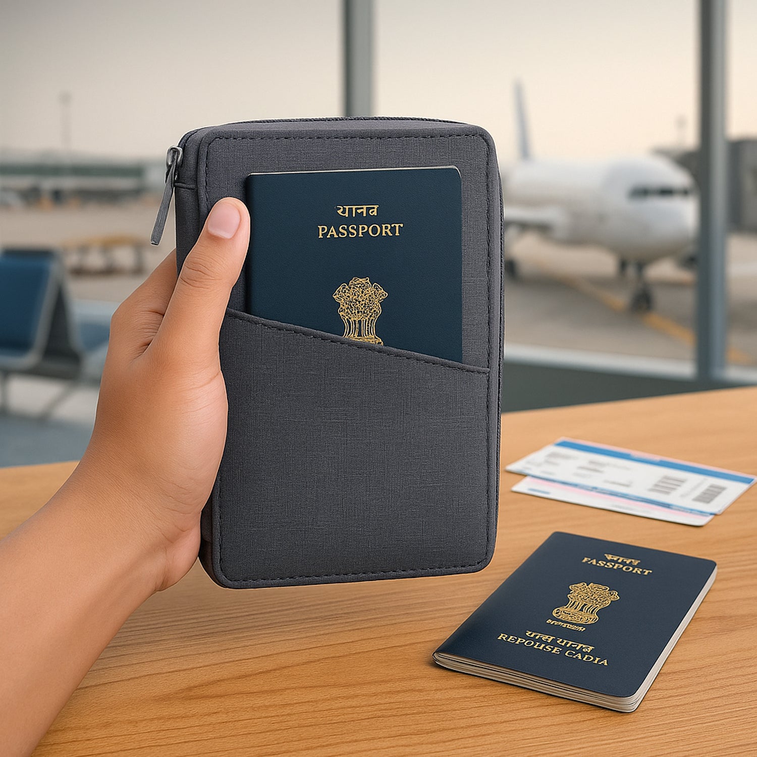 Gray passport holder with phone in pocket on wooden table
