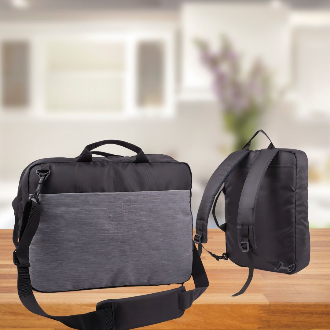 Convertible sling laptop bag with dual-tone finish, front and back view