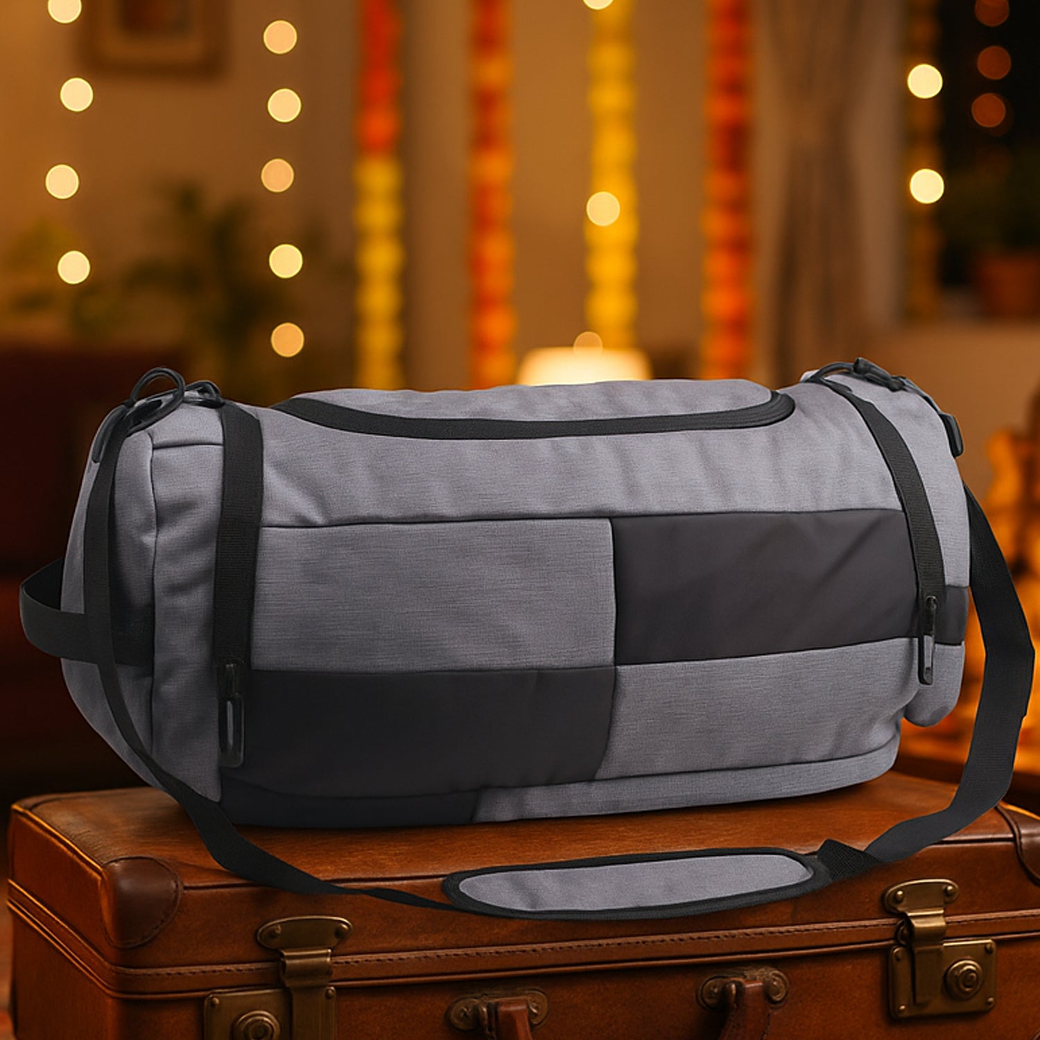 Premium grey checkered travel duffel bag on wooden table with shoulder strap