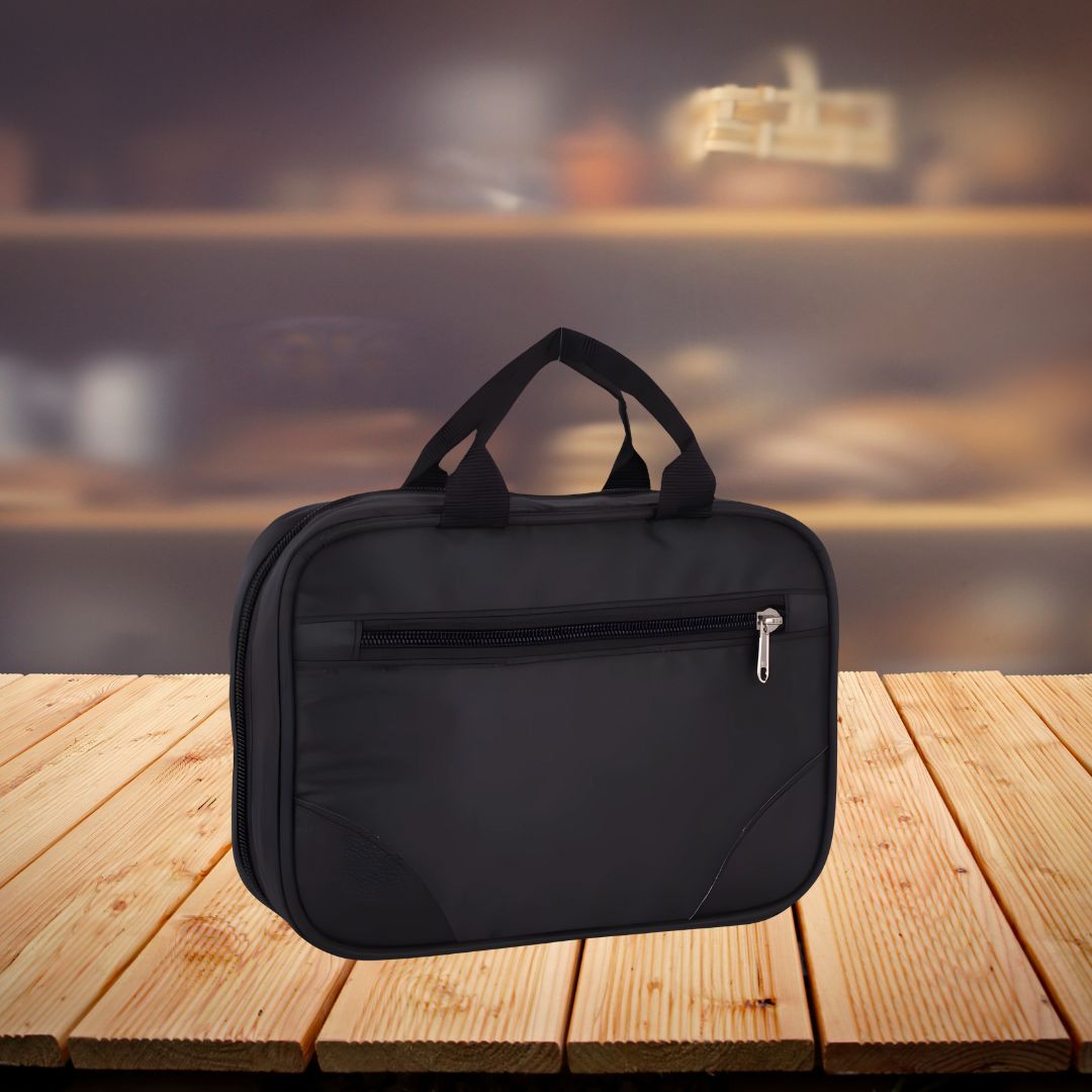 Black 3-layer toiletry kit medium size with front zipper pocket – product shot