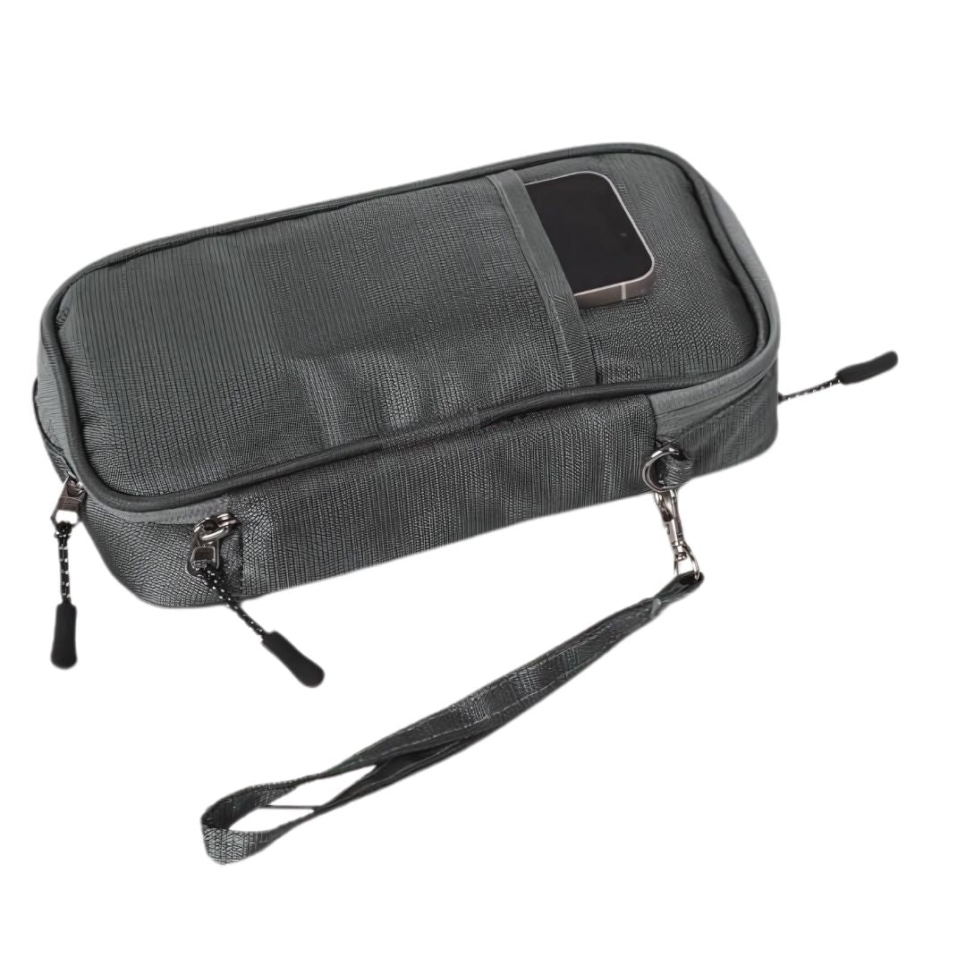 Durable gadget organizer back view with zipper and strap