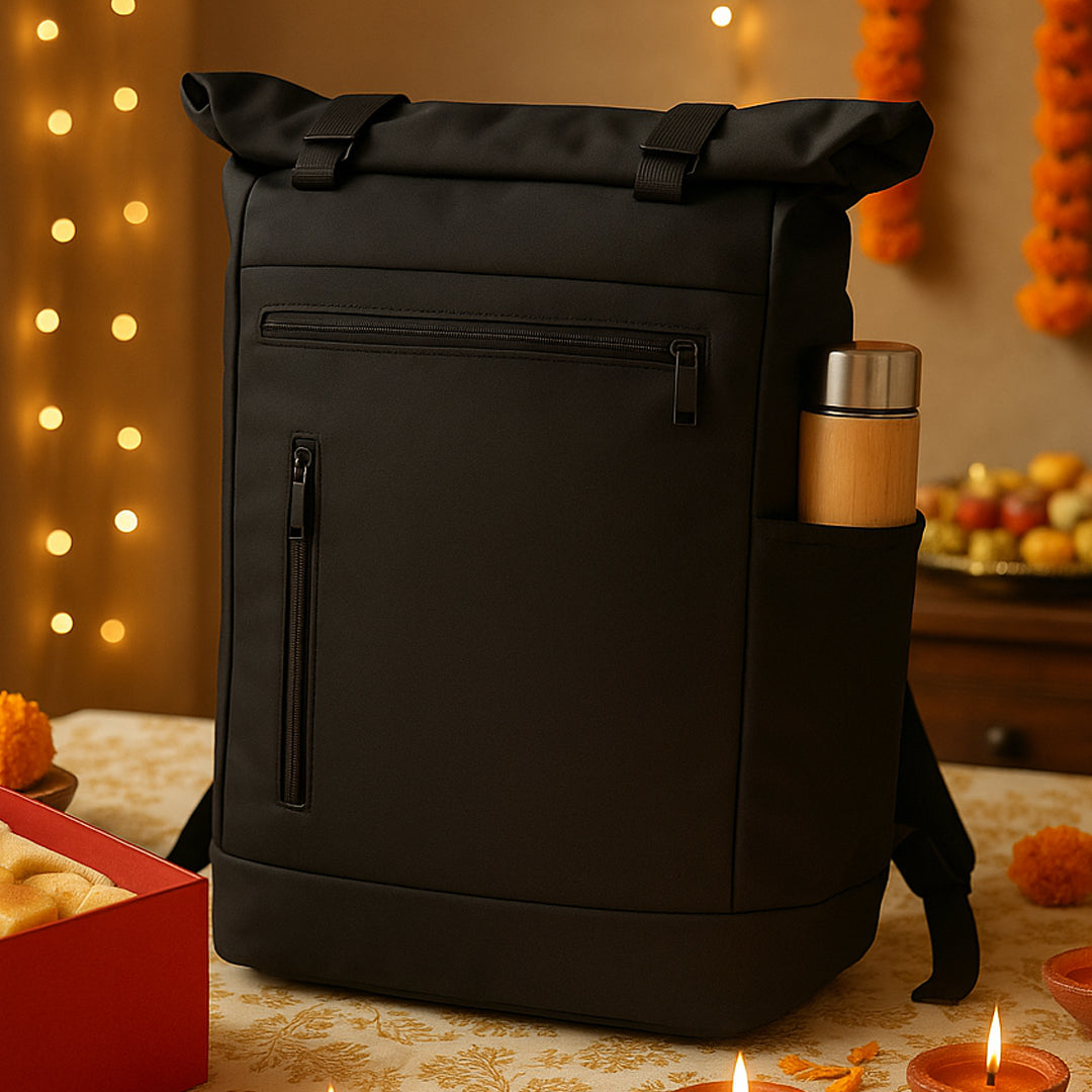 Stylish backpack side pocket holding a water bottle