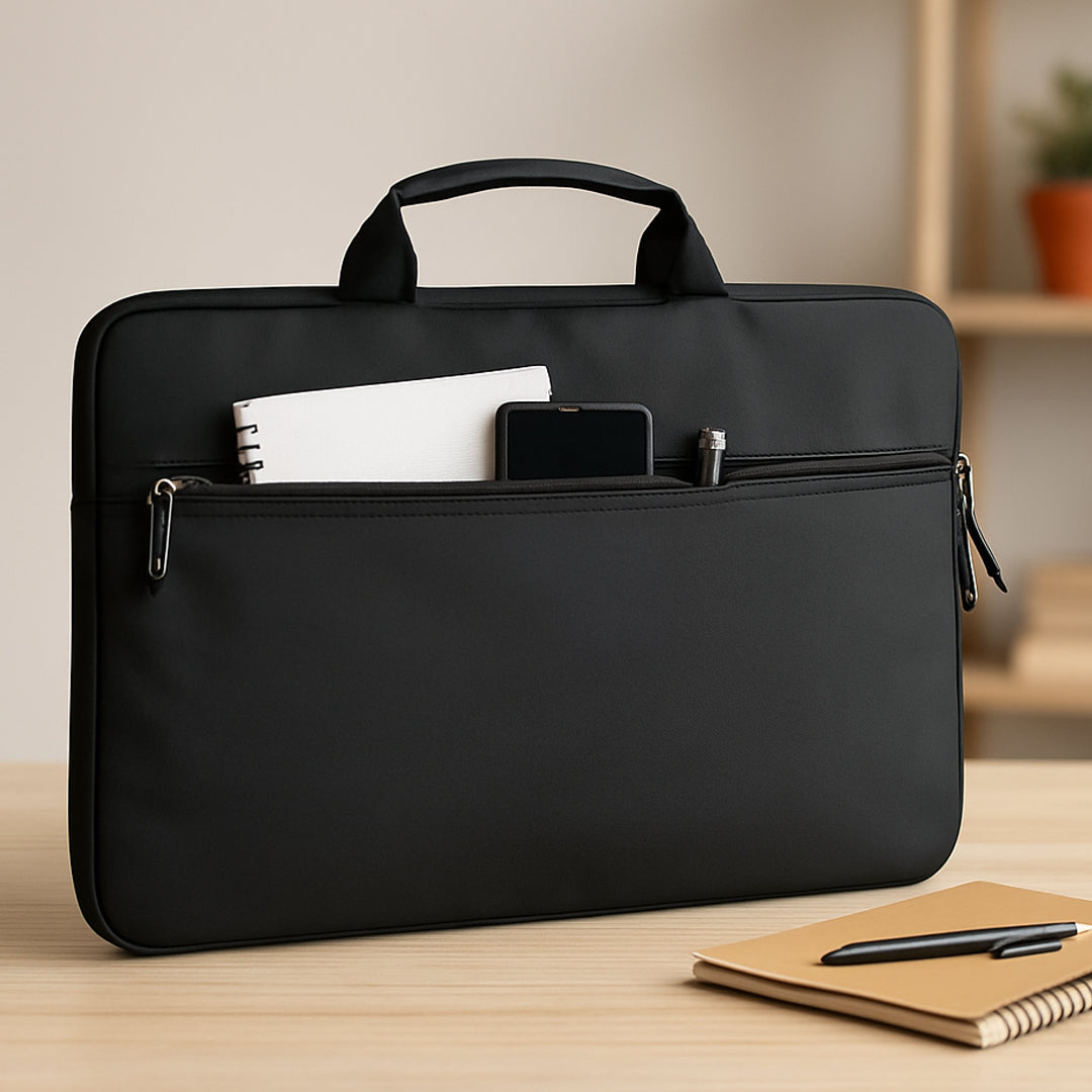Black laptop sleeve on wooden table with laptop partially inside