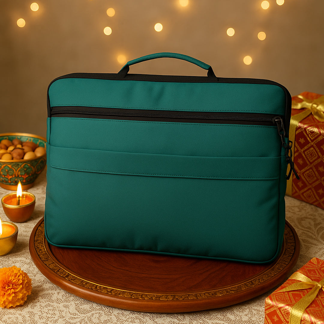 Teal laptop sleeve with spacious front zipper pocket holding notebook