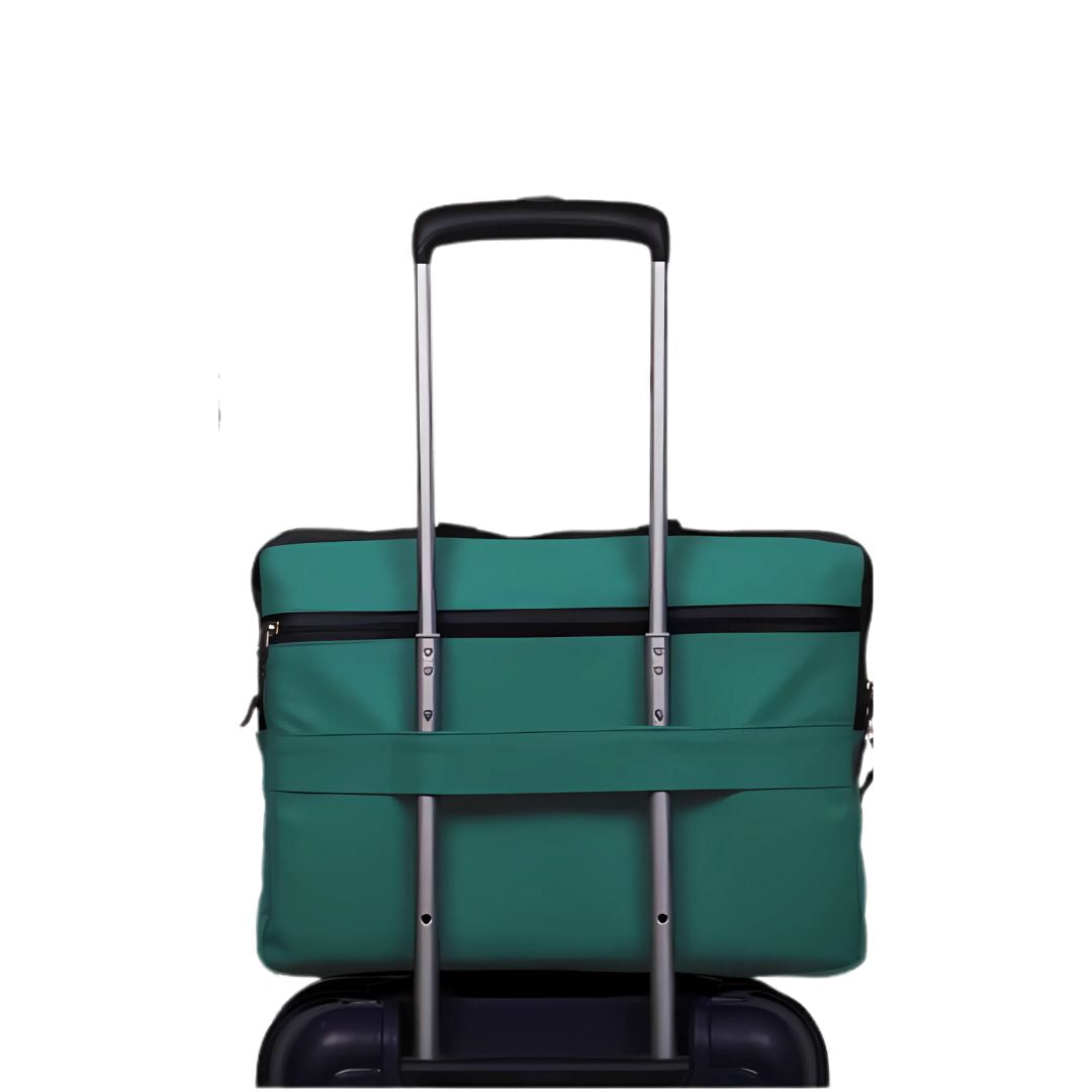 Teal laptop sleeve attached to trolley for travel convenience