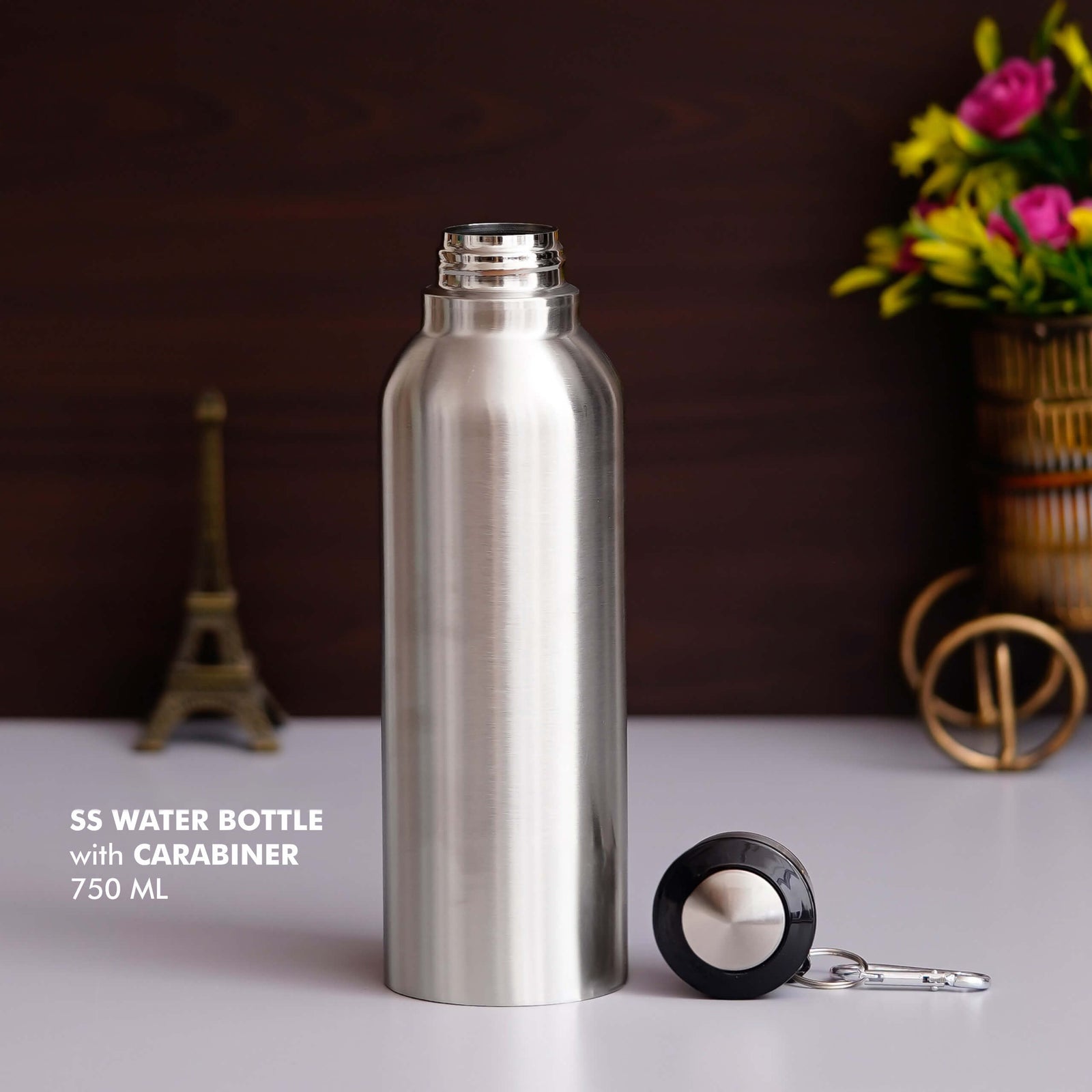 Customizable Silver Stainless Steel Bottle with Carabiner - 750 ML - product image 2