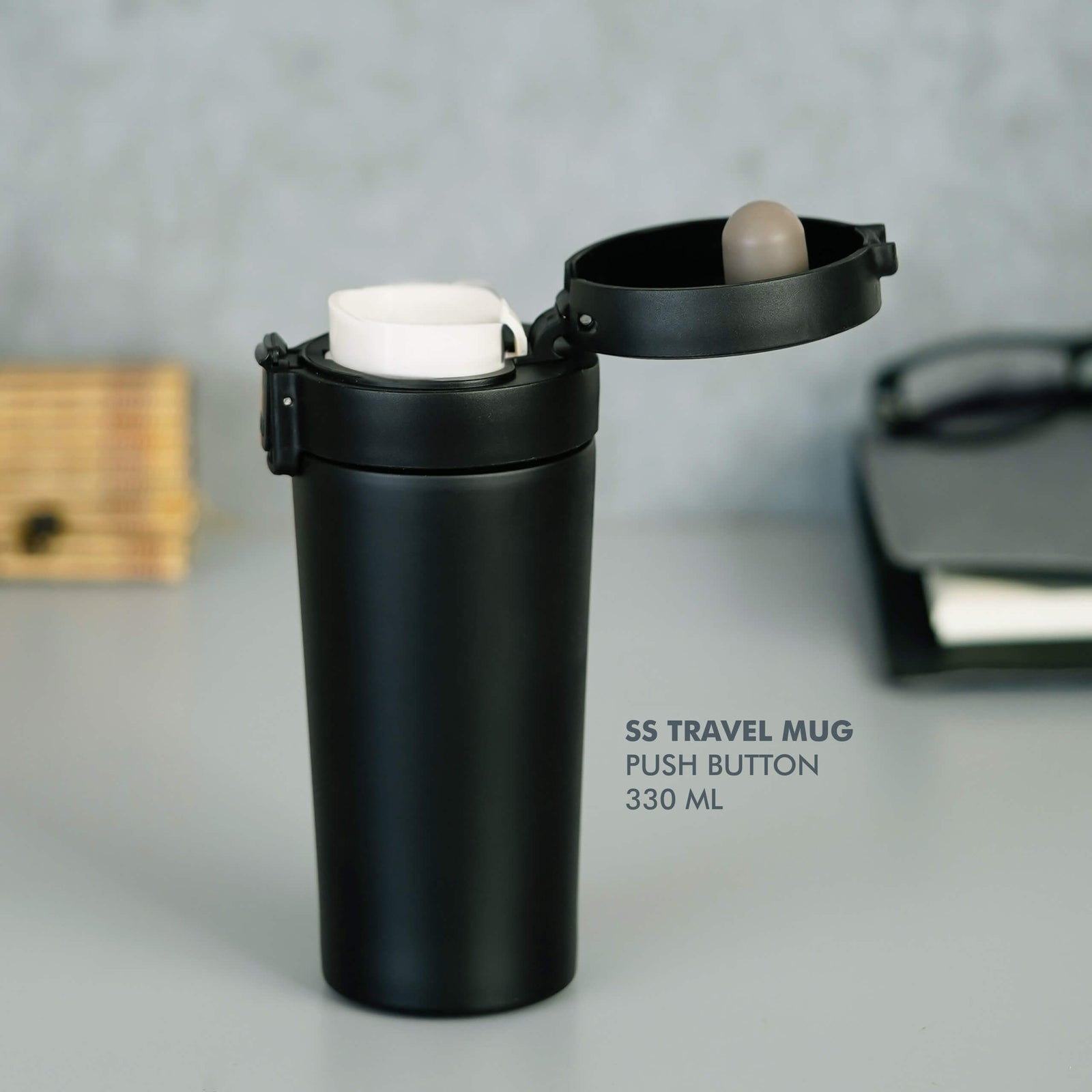 Stylish Black Stainless Steel Travel Mug with Push Button - 330 ML - product image 3