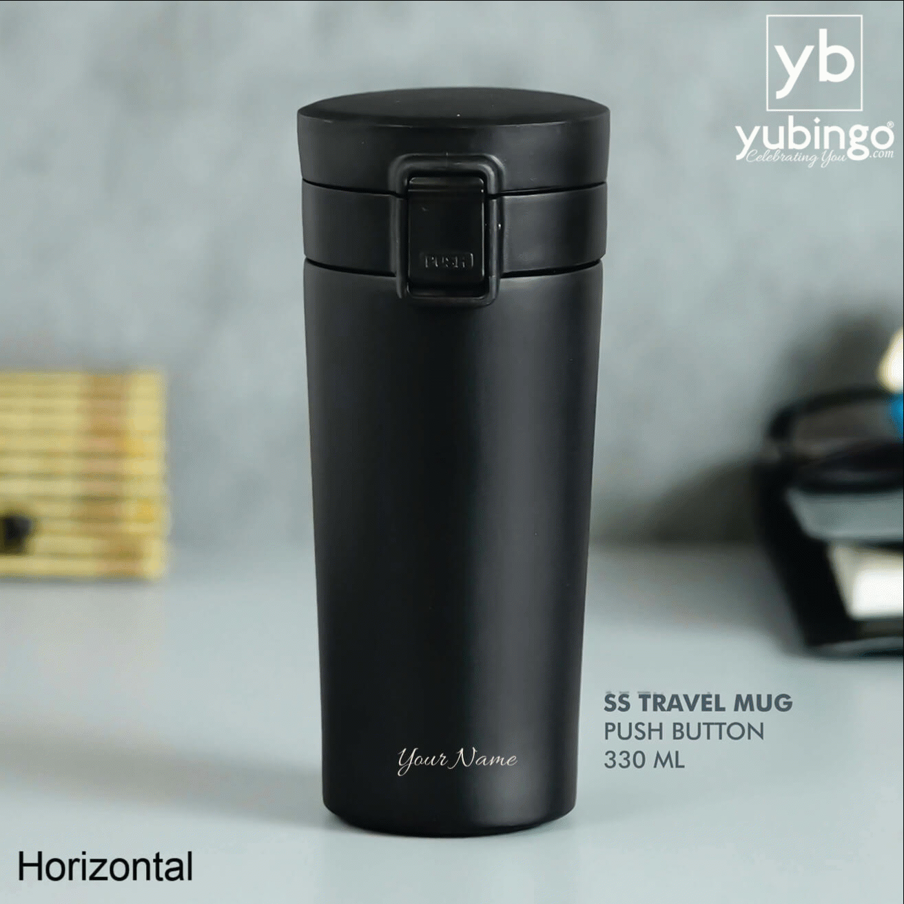 Stylish Black Stainless Steel Travel Mug with Push Button - 330 ML - corporate gift by YuBingo