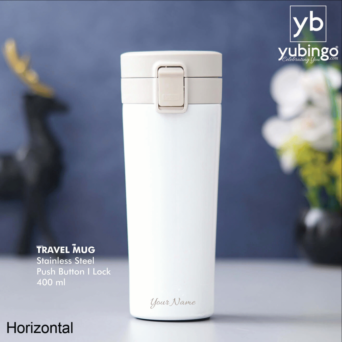 Personalized White Stainless Steel Travel Mug with Push Button & Lock - Stylish & Secure - corporate gift by YuBingo