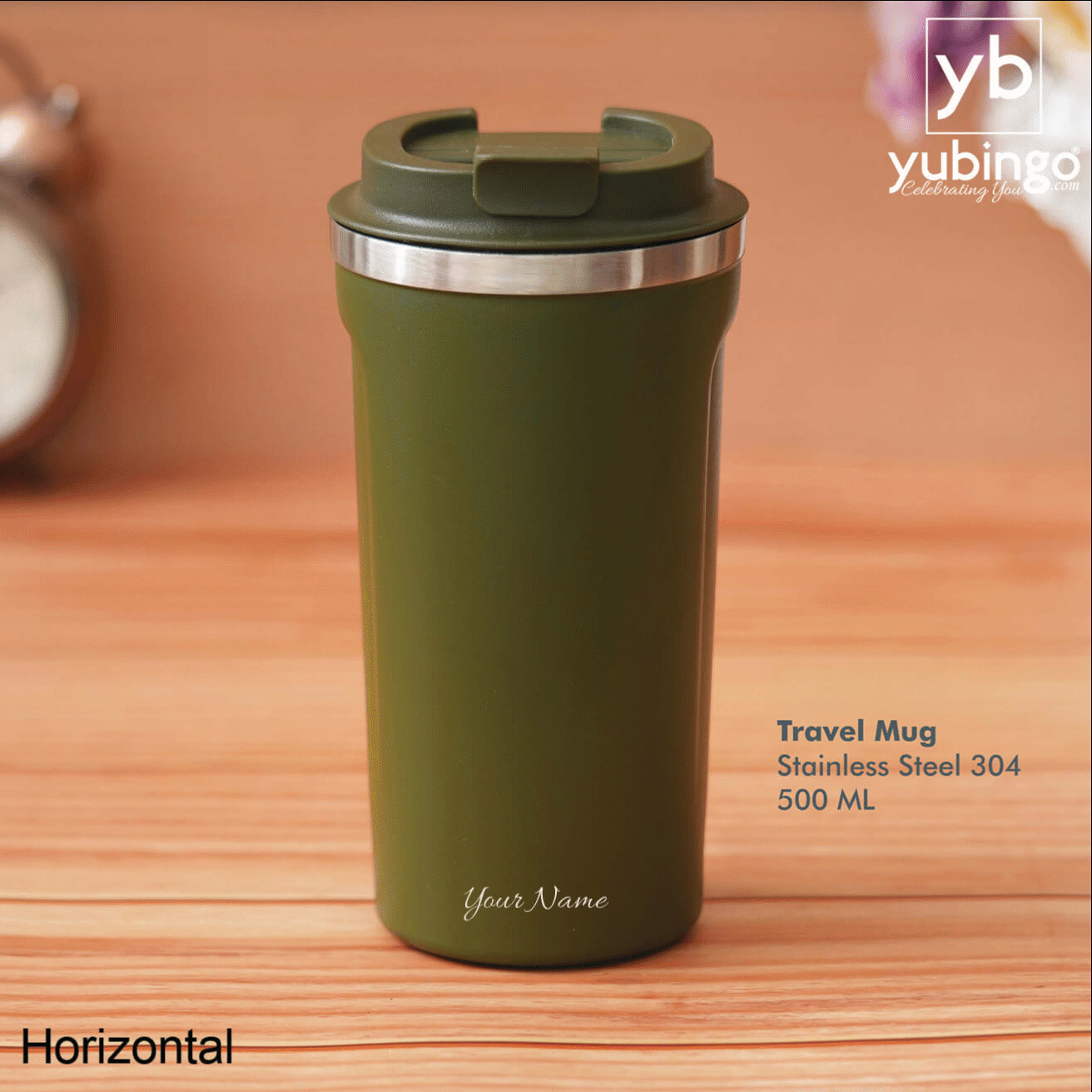 Personalized Green Stainless Steel Travel Mug with Push Button - Enjoy Your Drinks Safely - corporate gift by YuBingo
