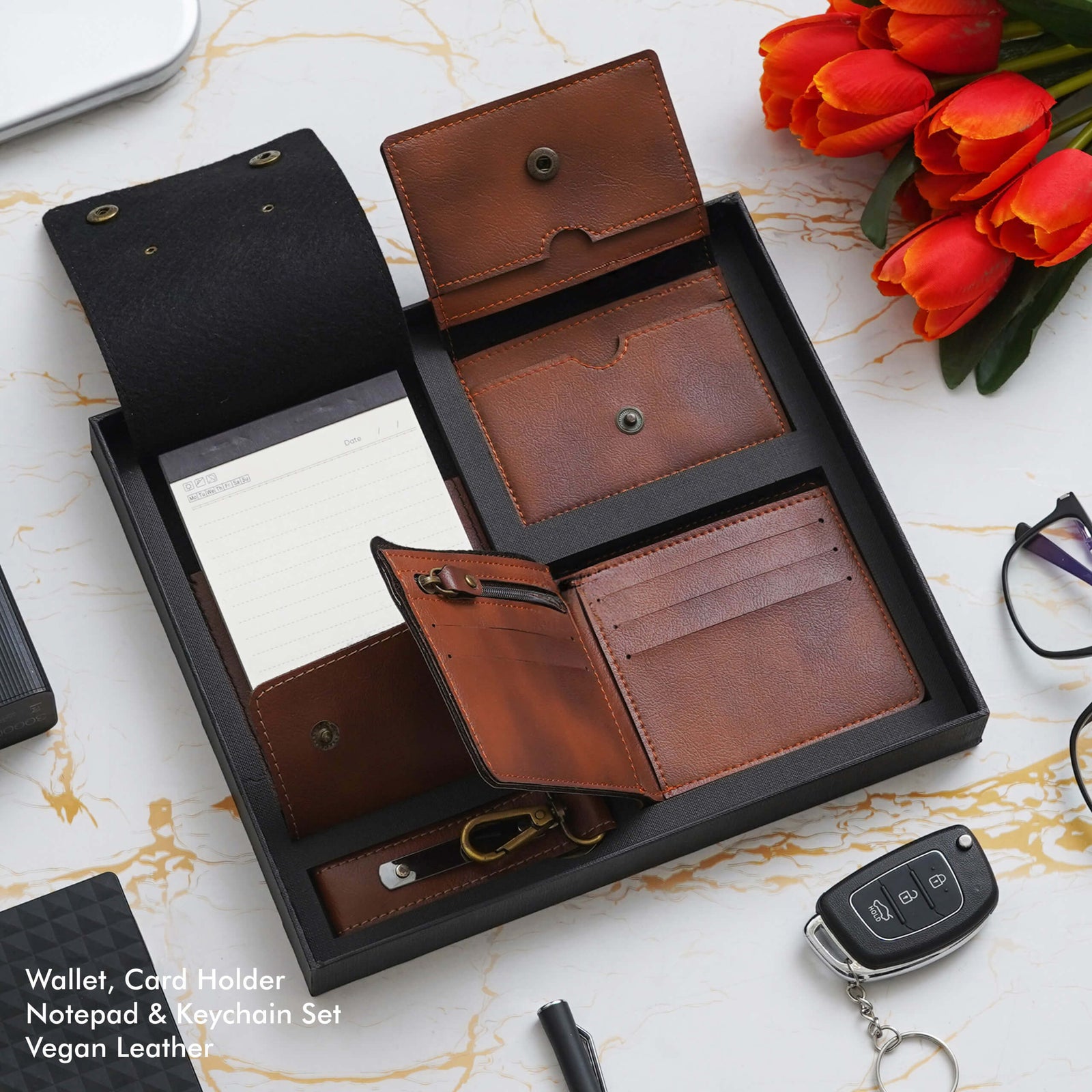 Tan Vegan Leather Office Gift Set - Notepad, Wallet, Card Holder & Key Chain - product image 2