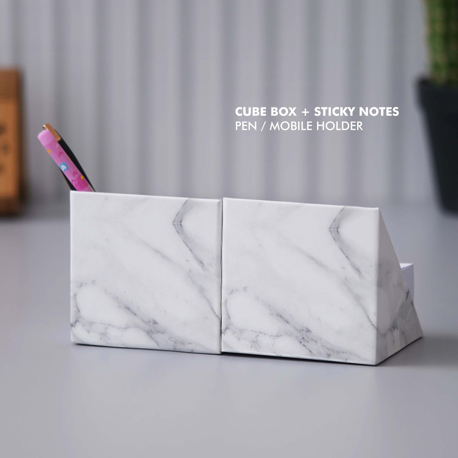 White Cube Box with Paper Note Slips, Sticky Notes, and Pen/Mobile Holder - product image 2