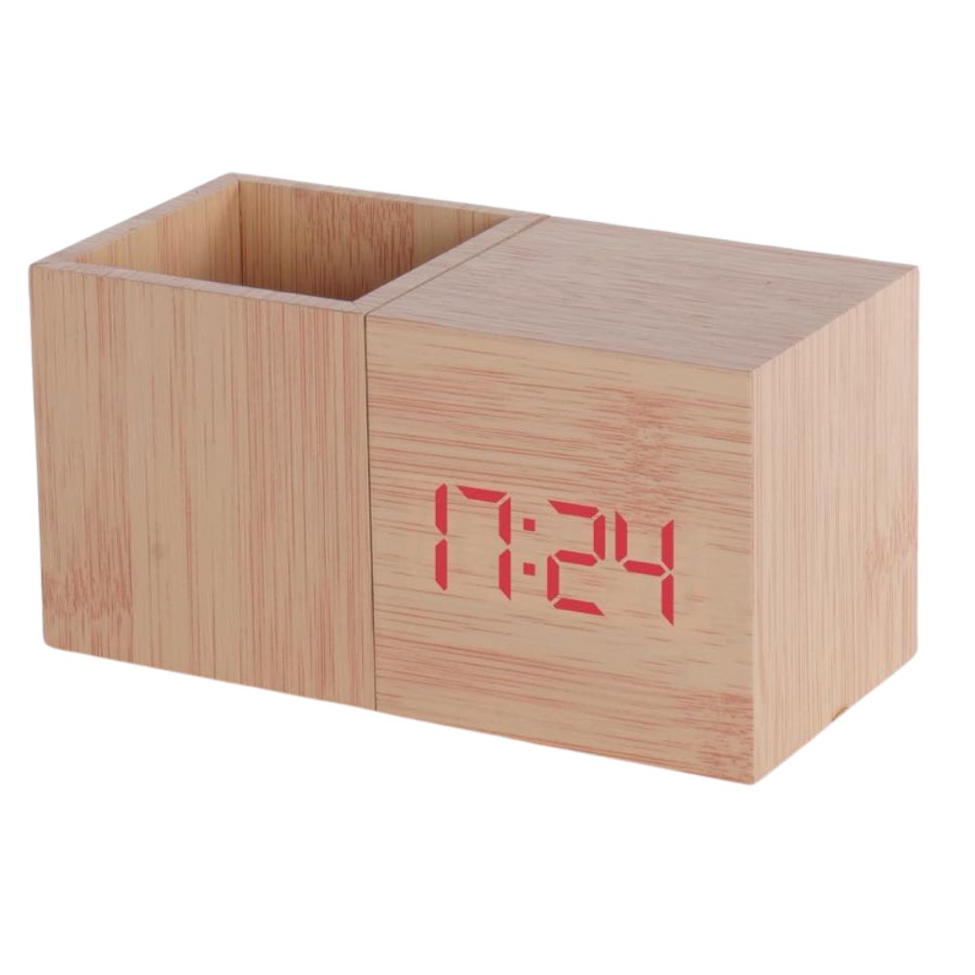 Wooden tabletop digital LED clock with pen stand – BlockTime by Power Plus