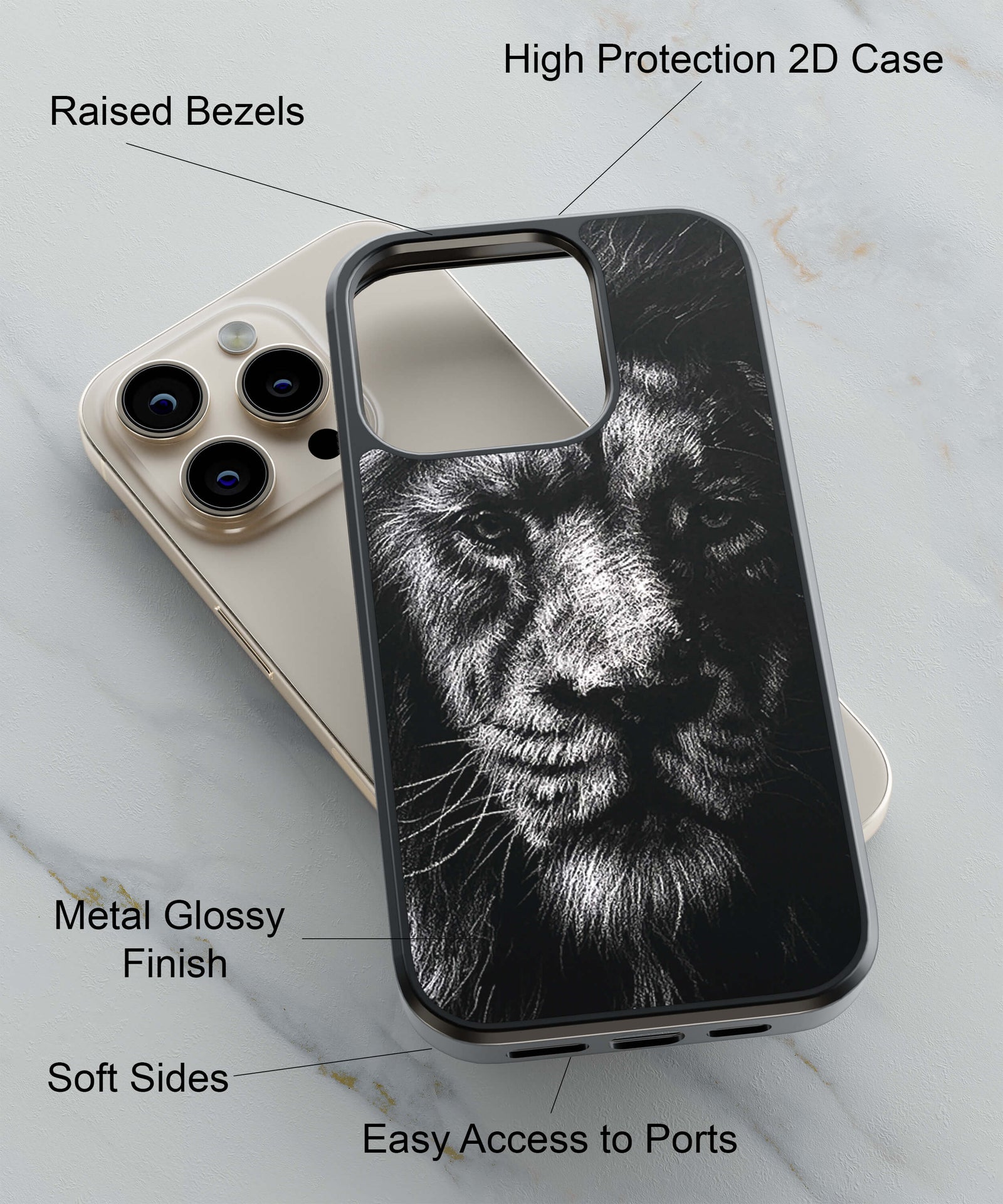 Animated Face Potrait Of A Lion Back Cover for 2D Hybrid TPU And Metal CaseBT0164Hybrid Metal TPU-Image 2