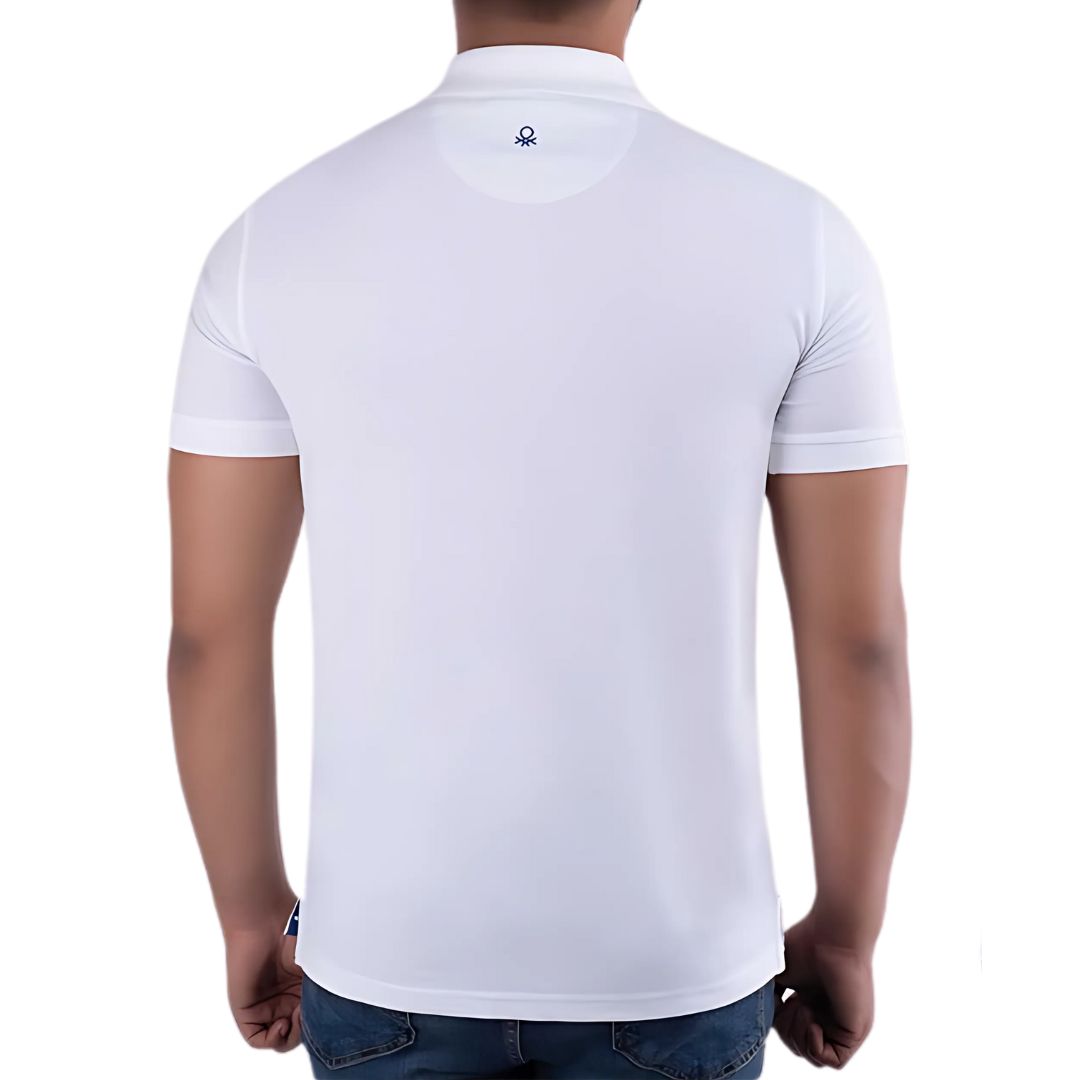Back view of UCB white polo T-shirt showing logo and fit