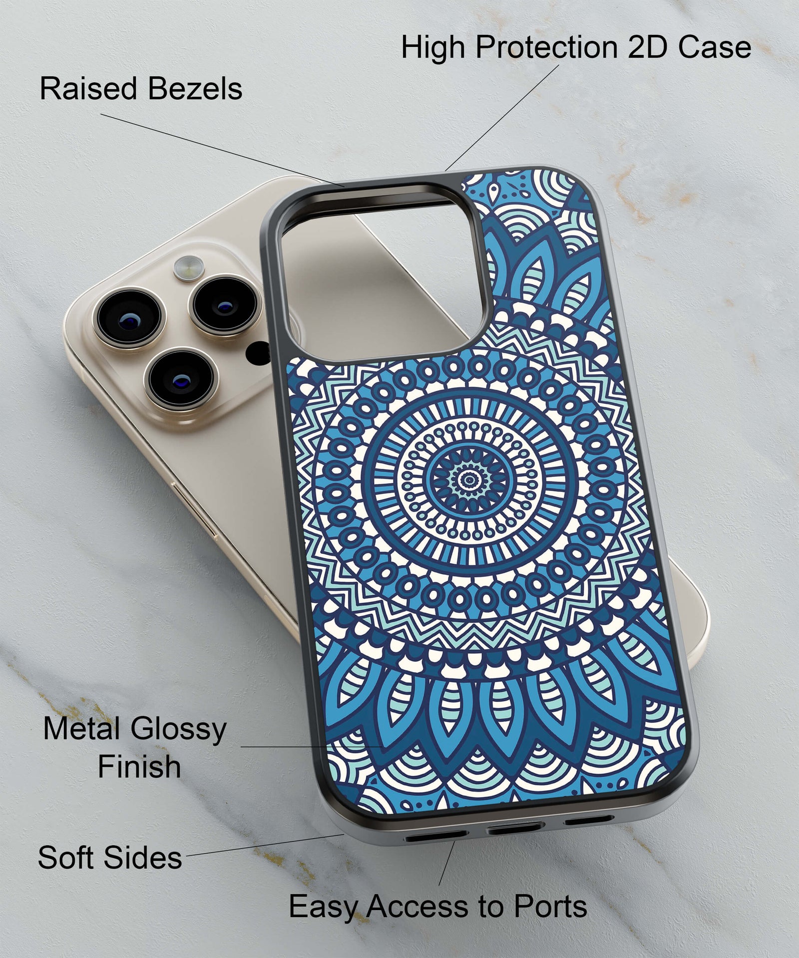 Blue Mandala Design Back Cover for 2D Hybrid TPU And Metal CasePS1327Hybrid Metal TPU-Image 2