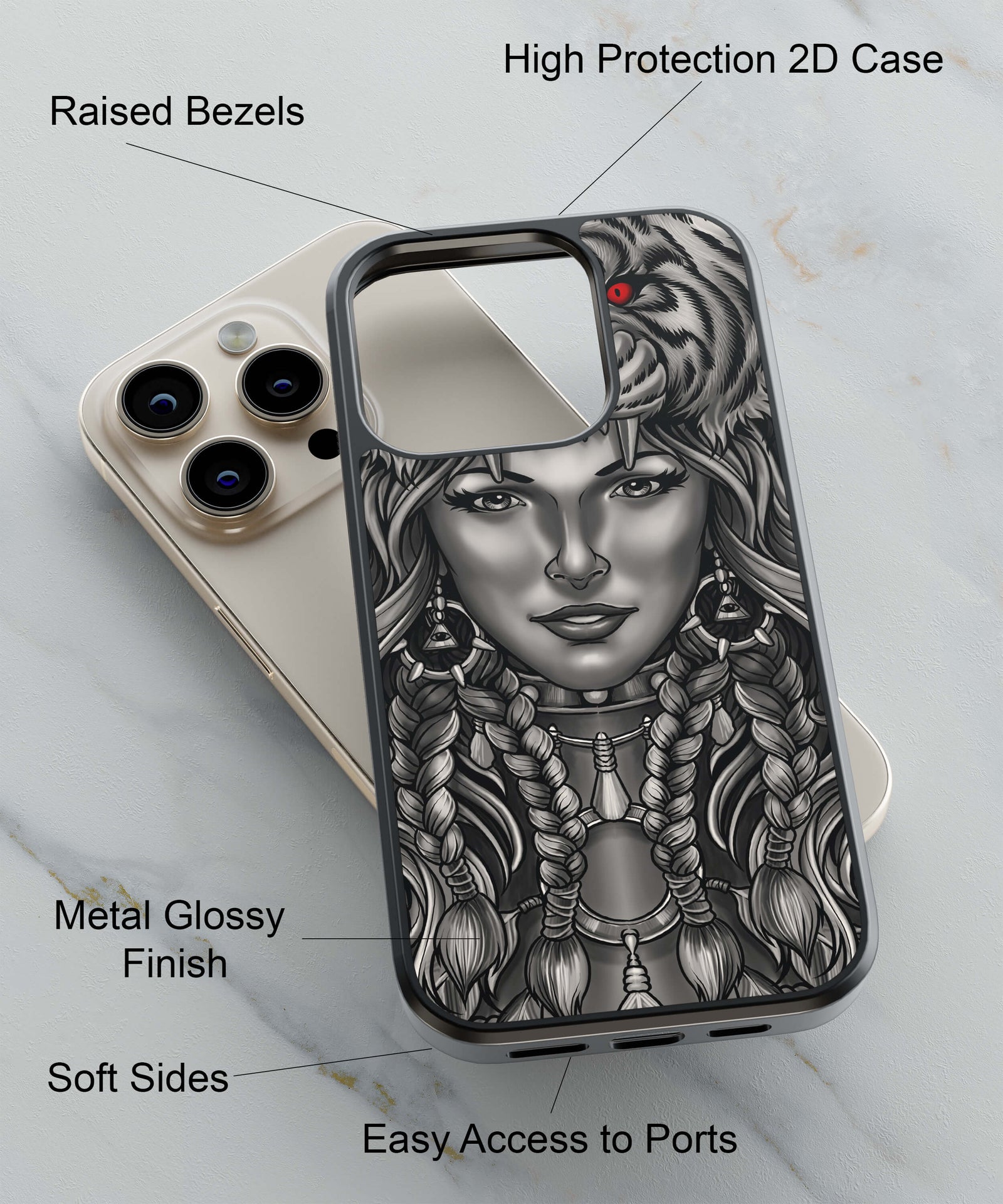 Charming Lady with Tiger Back Cover for 2D Hybrid TPU And Metal CaseU0196Hybrid Metal TPU-Image 2