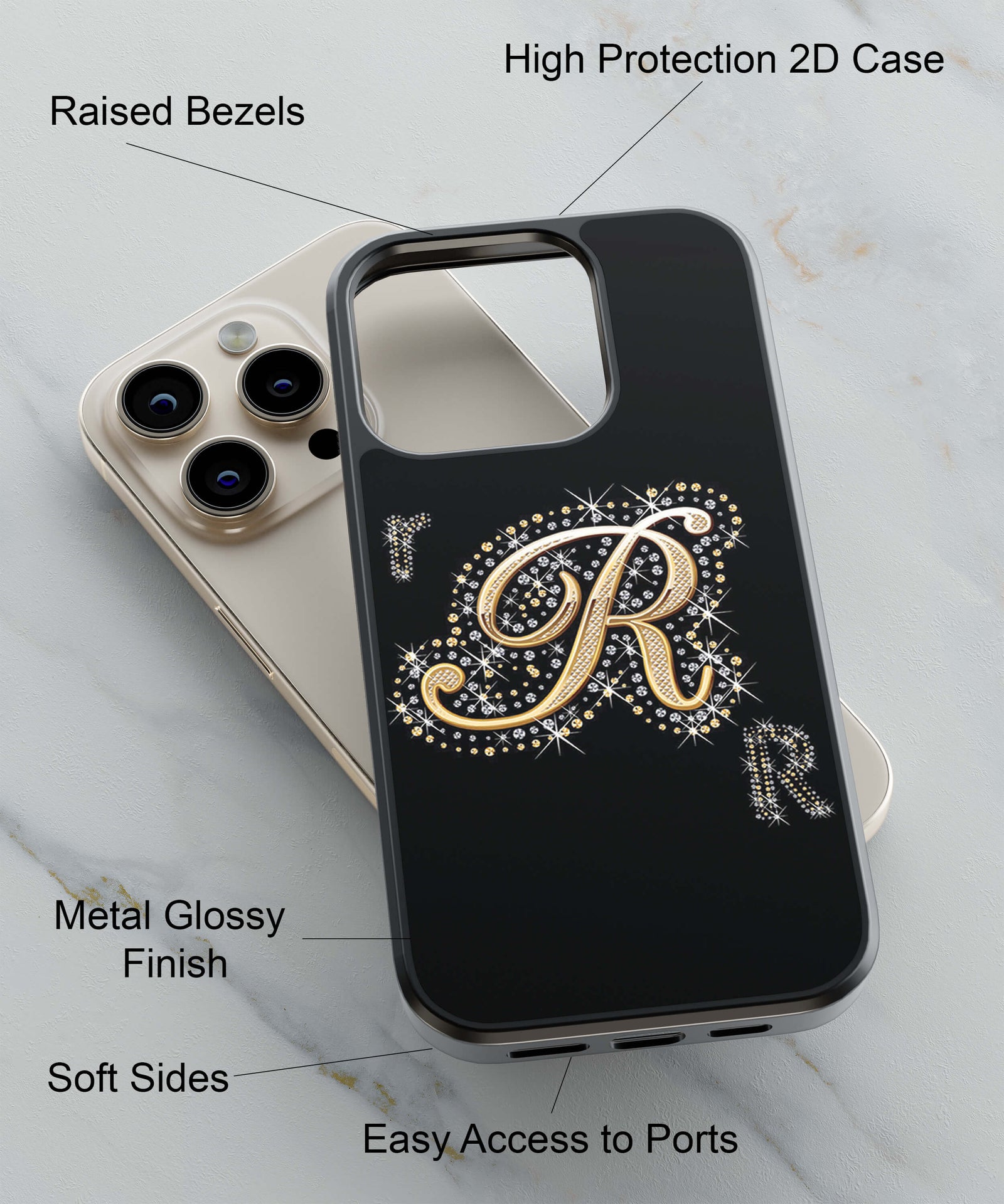 Decorated R Alphabet Back Cover for 2D Hybrid TPU And Metal CaseBT0085Hybrid Metal TPU-Image 2