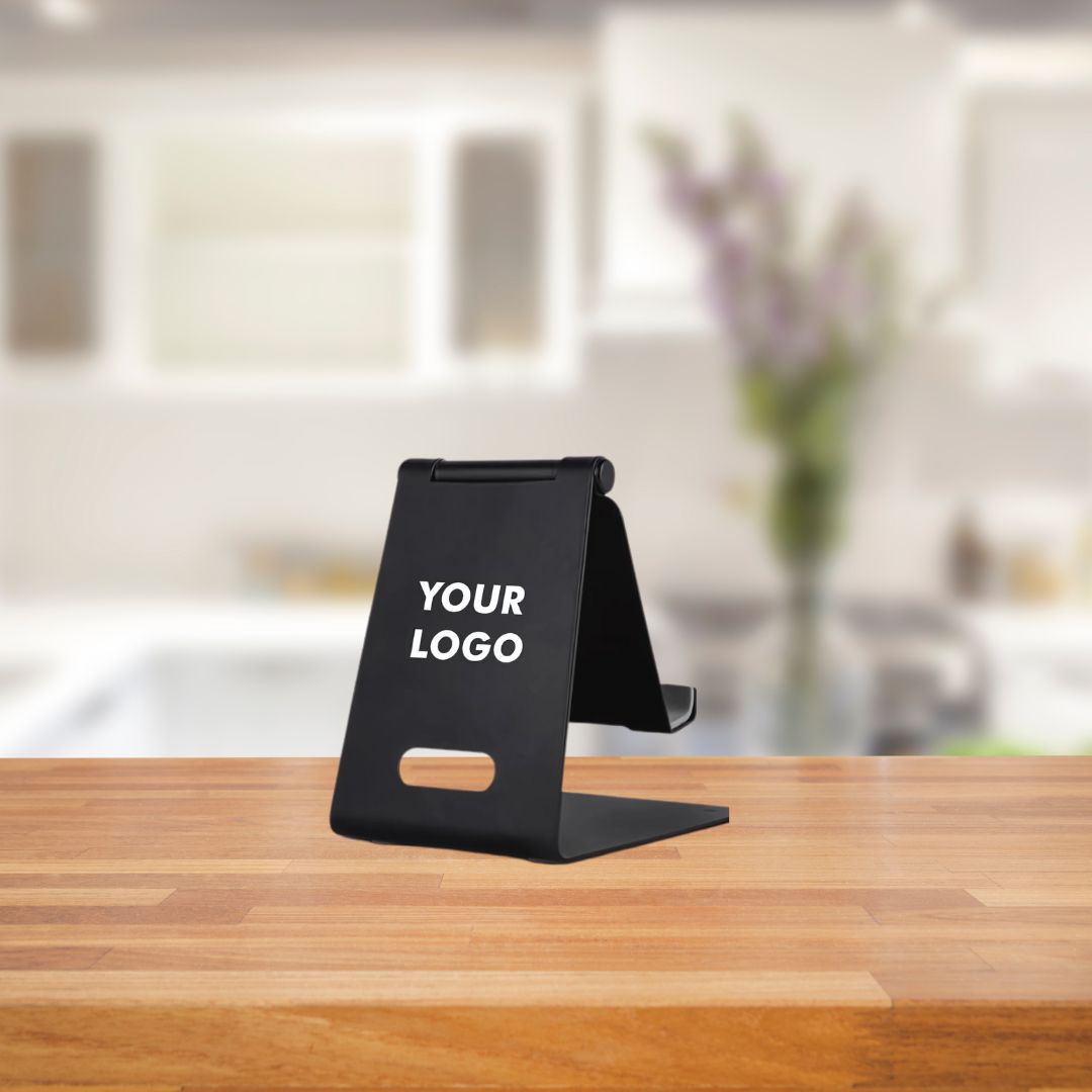 Black metal mobile stand with customizable logo space for branding