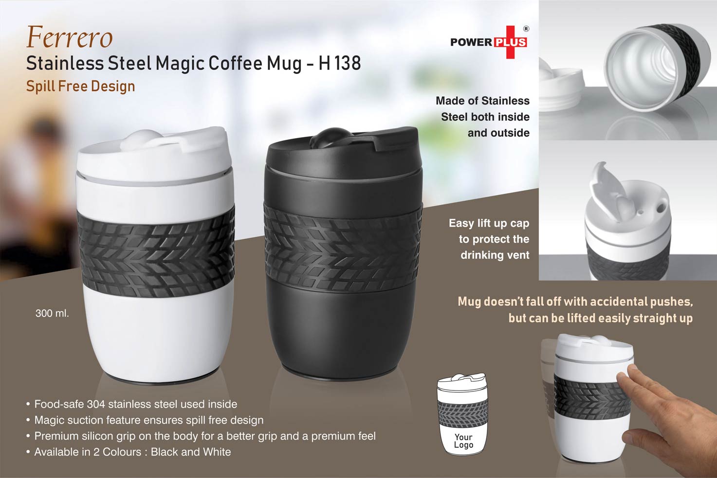 Ferrero Stainless Steel Magic Coffee Mug - Spill Free Design, 300 ml - corporate gift by YuBingo