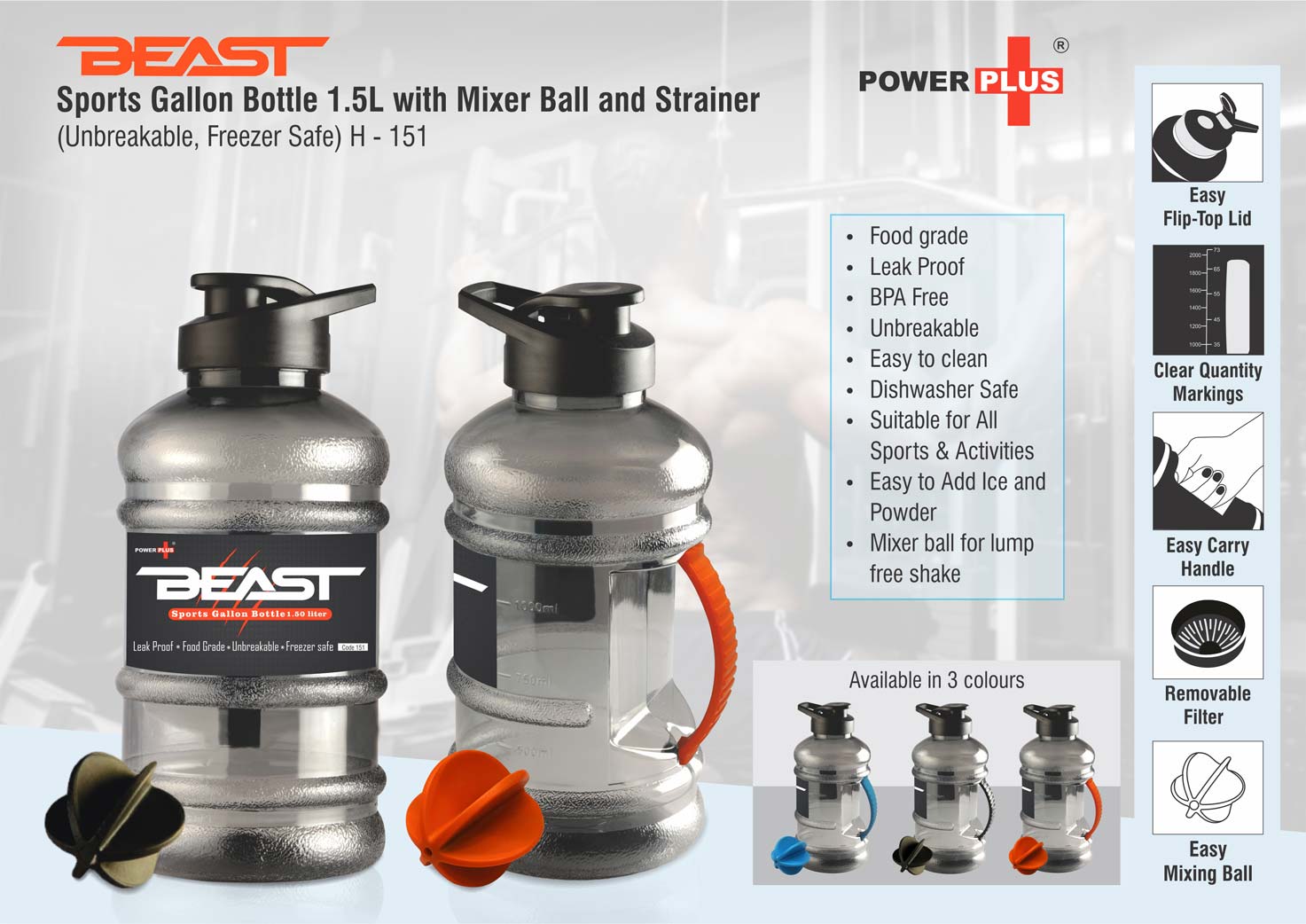 Beast Sports Gallon Bottle 1.5 L with Mixer Ball and Strainer - product image 2