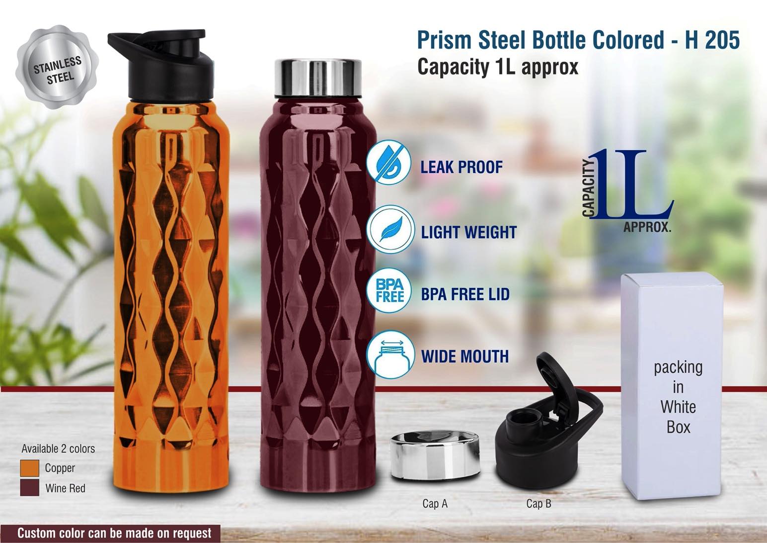 Prism Steel Bottle - Capacity 1L - Available in Copper and Wine Red Colors - corporate gift by YuBingo