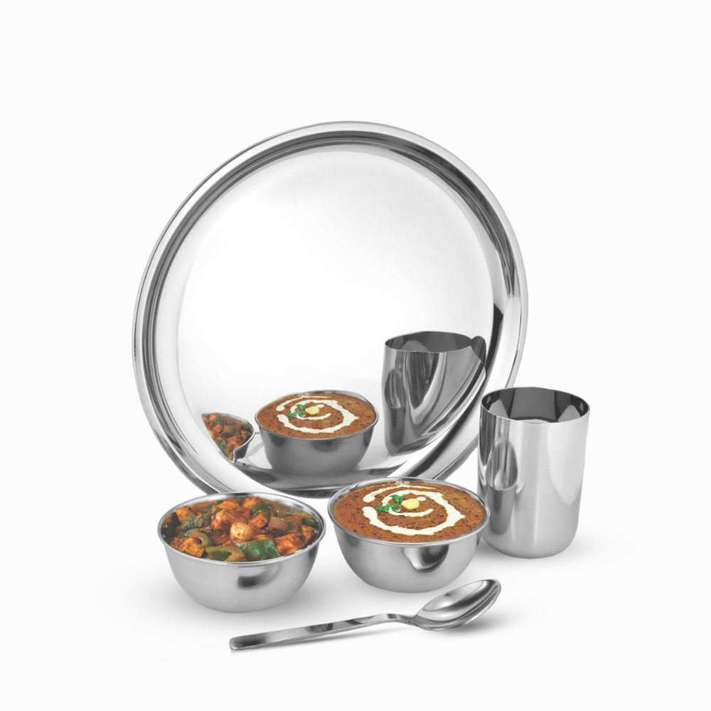 5 Pc Stainless Steel Dinner Set - Set of 1 Plate, 2 Bowls, 1 Glass and 1 Spoon - Silver