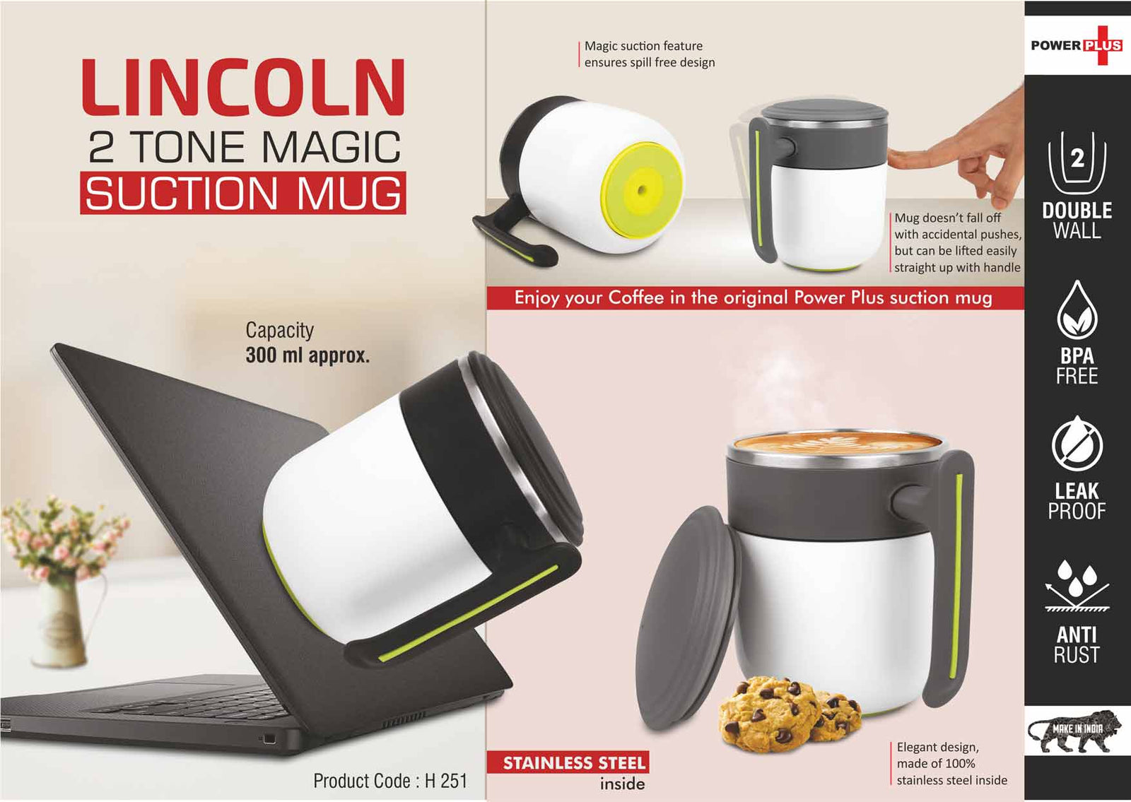 Lincoln 2 Tone Magic Suction Mug with Stainless Inside, Leakproof, BPA Free, 300ml - product image 2