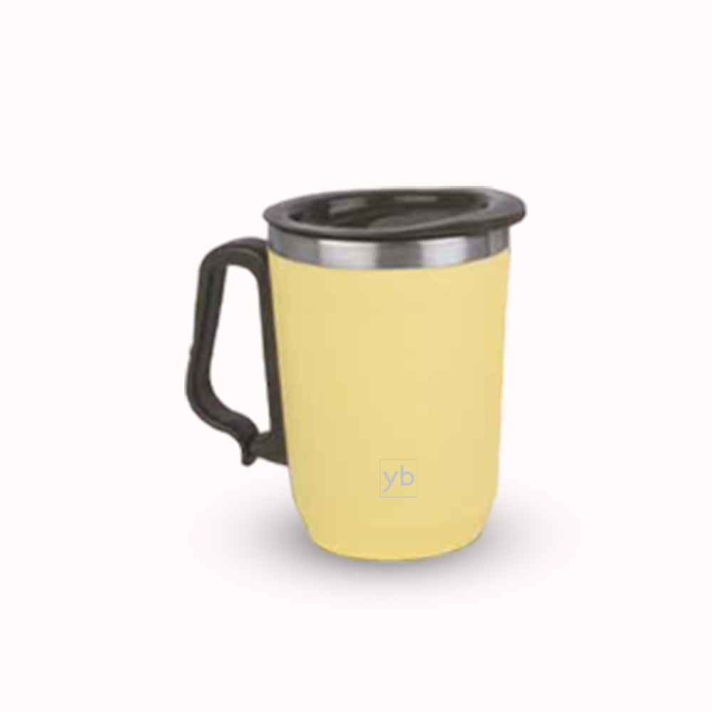 Foggy+ Stainless Steel Coffee Mug with Carabiner Handle and Leakproof Cap - 350ml Capacity in Black, Yellow, and Peach