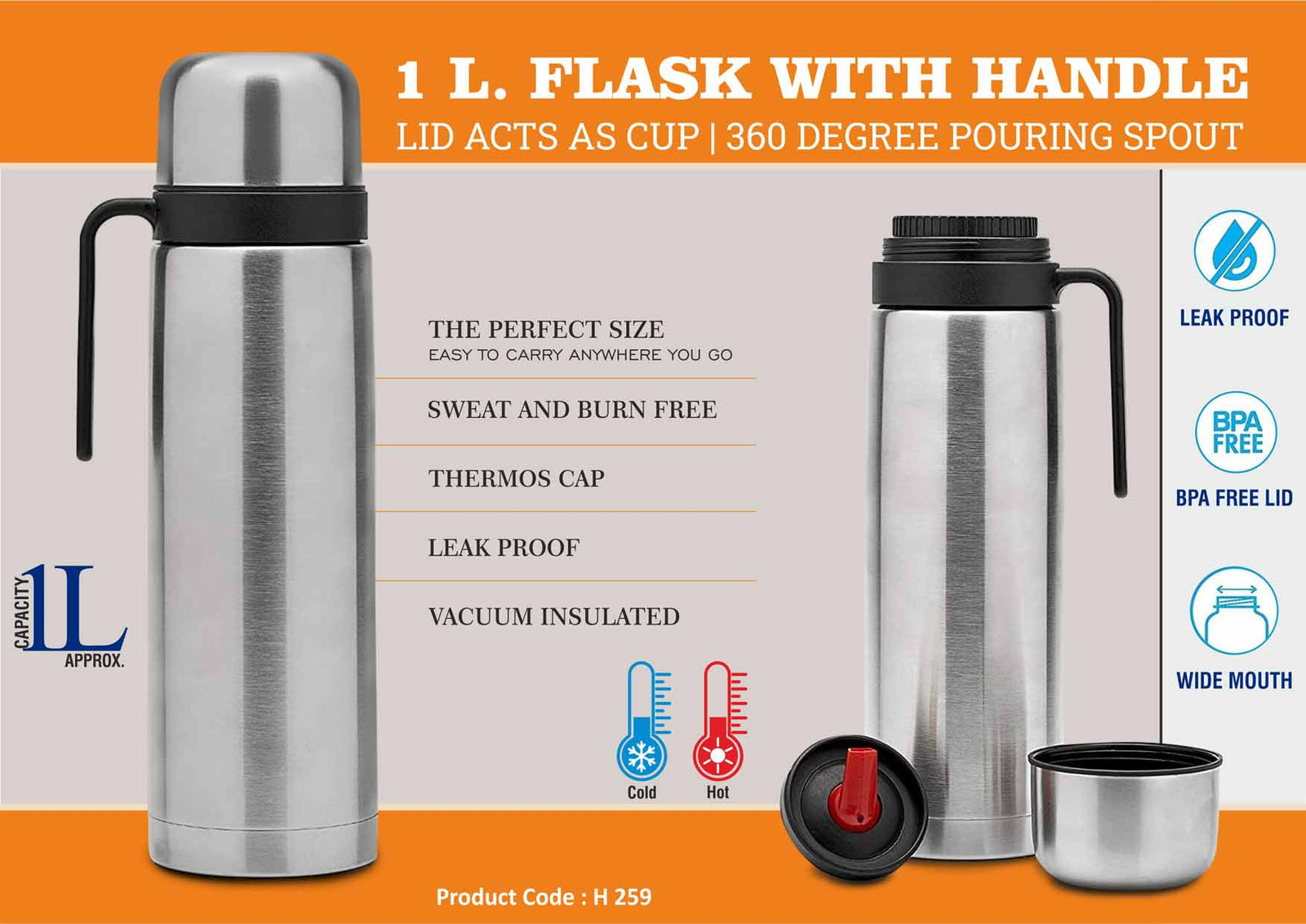 1L Flask With Handle Lid - 360 Degree Pouring Spout in Silver