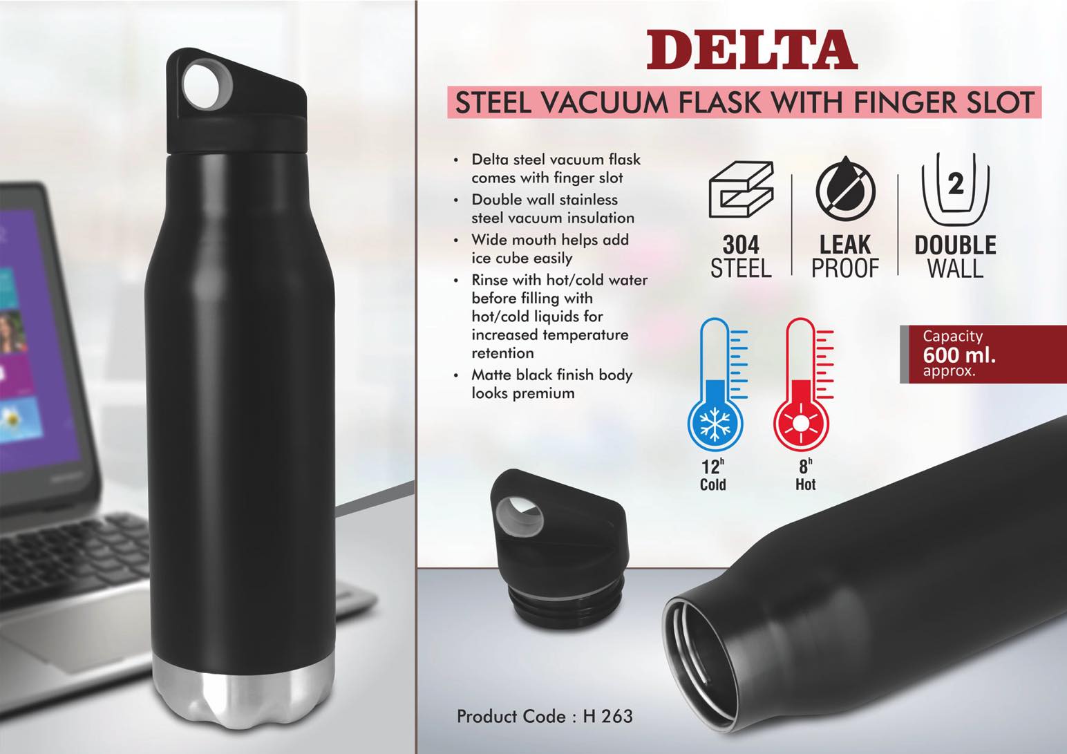 Take Your Beverage Anywhere with Our Delta Steel Vacuum Flask with Finger Slot - product image 2
