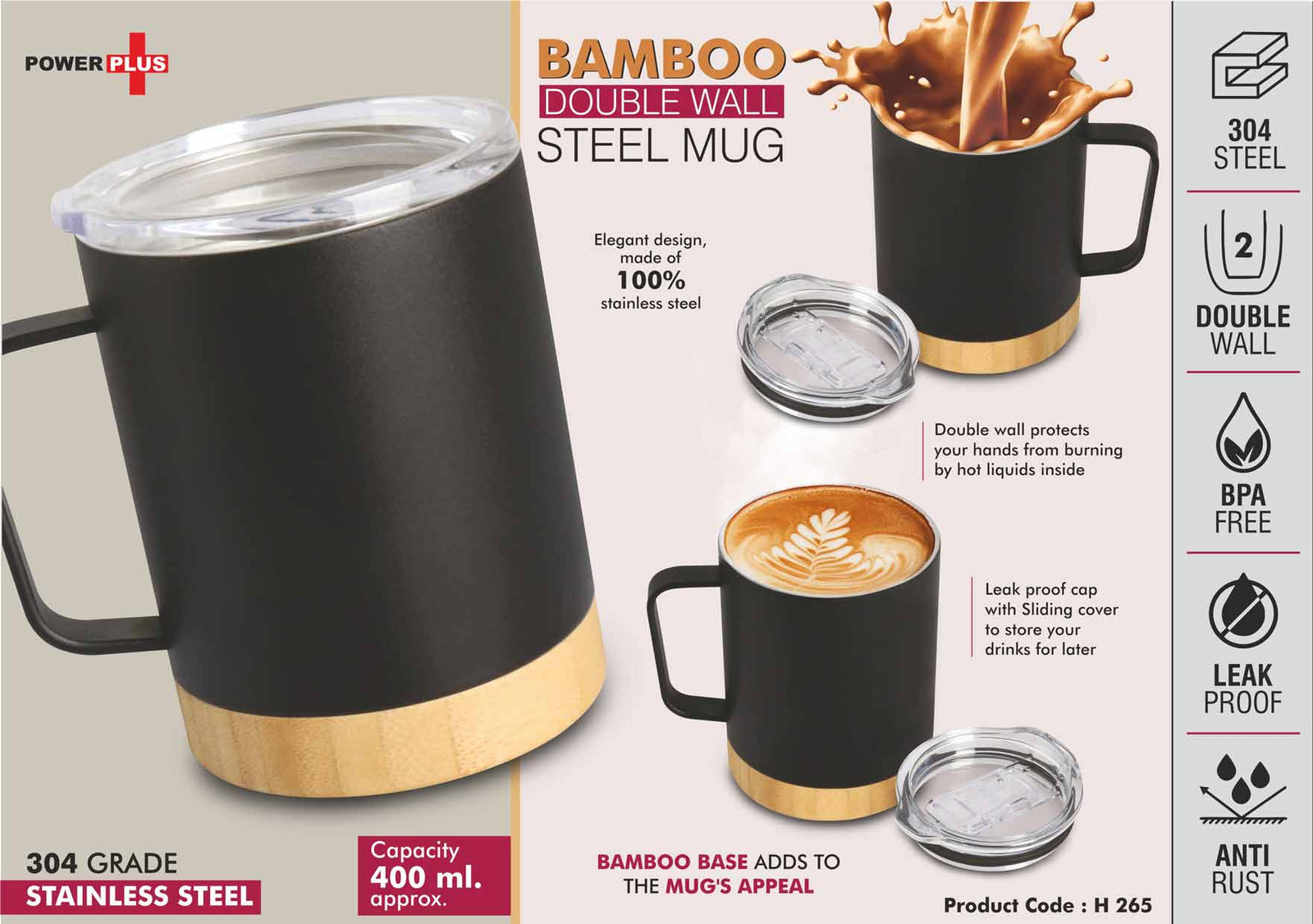 Bamboo Double Wall Steel Mug with Leakproof Lid 400ml - Black