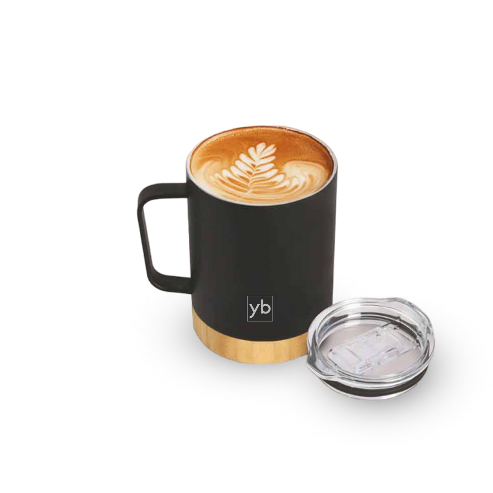 Bamboo Double Wall Steel Mug with Leakproof Lid 400ml - Black