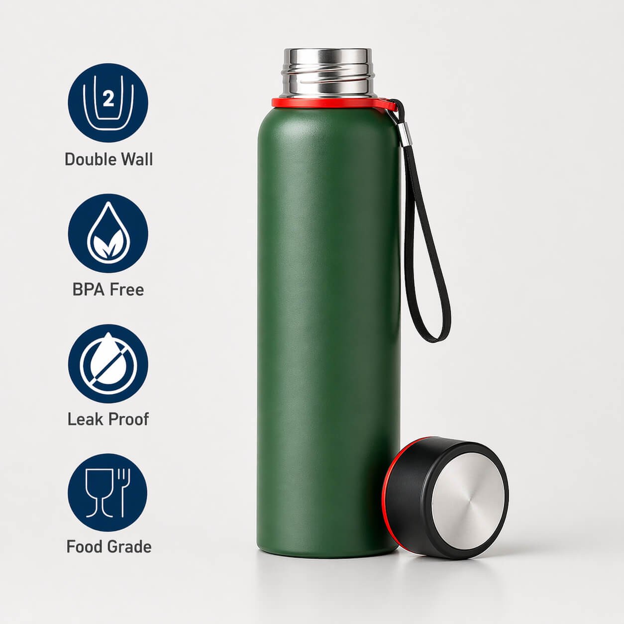 Quest 700: Vacuum Insulated Flask with Carry Strap Green — corporate gift